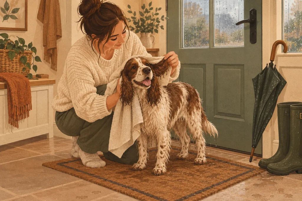 Flat editorial illustration of a floppy-eared dog being towelled dry on an entryway doormat after a rainy walk, with an owner gently lifting one ear flap.