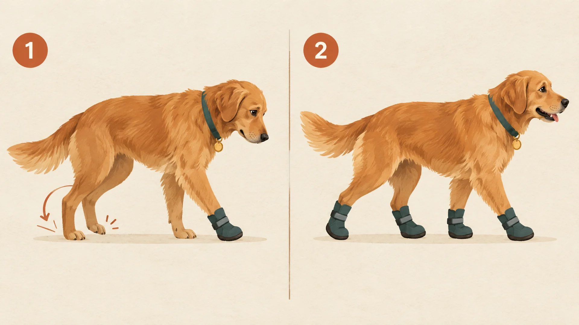 Two-panel diagram of the same golden dog. Panel one: the dog wears a single boot on one front leg, its body leans and a curved arrow points to the opposite hind paw taking extra load. Panel two: the dog walks level and balanced in a matched set of four boots.