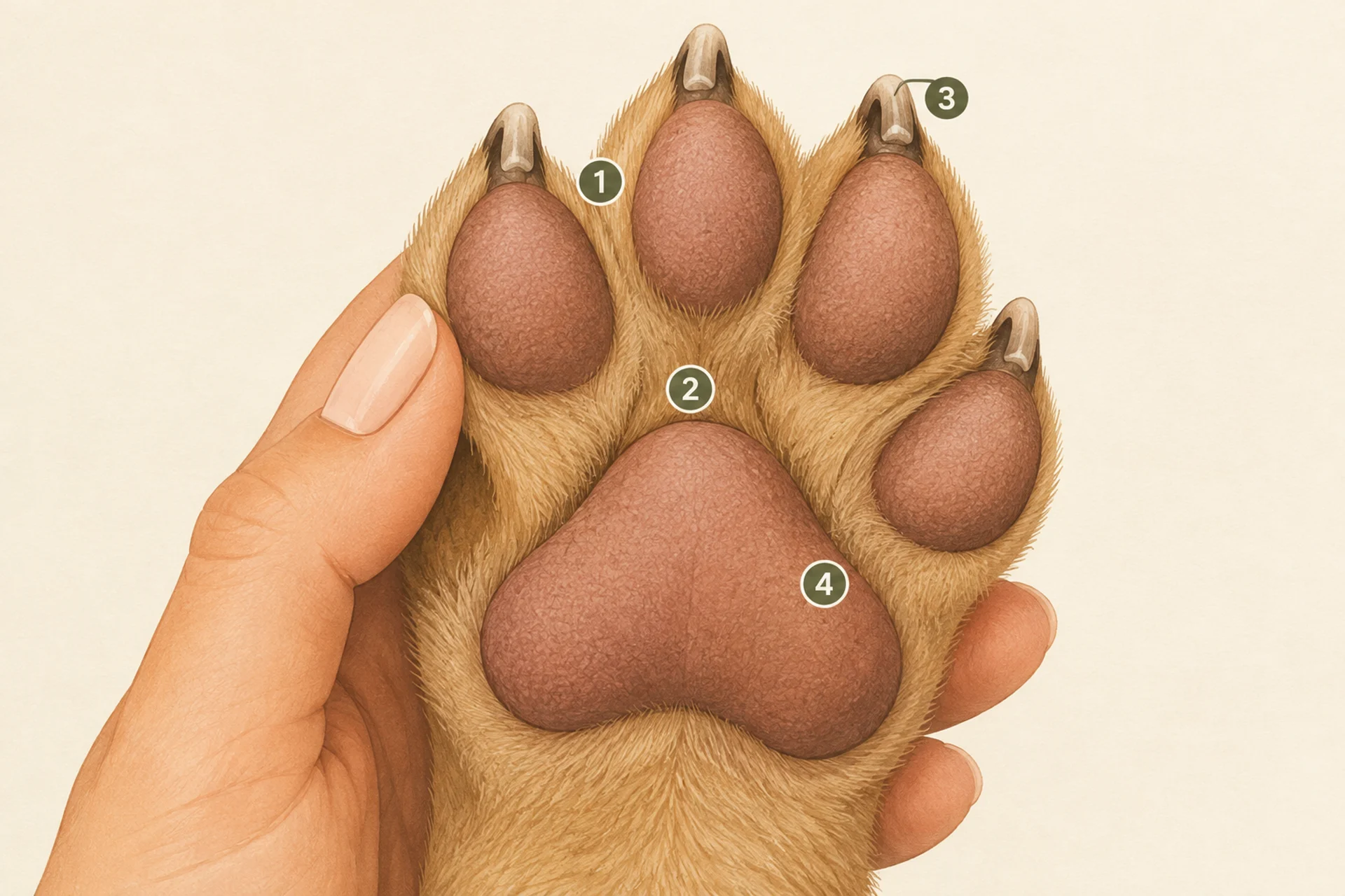 Close-up diagram of the underside of a dog paw with the toes gently spread, marking the gaps between the toes, the area between the pads, the nail beds and the central pad with circled numbers.