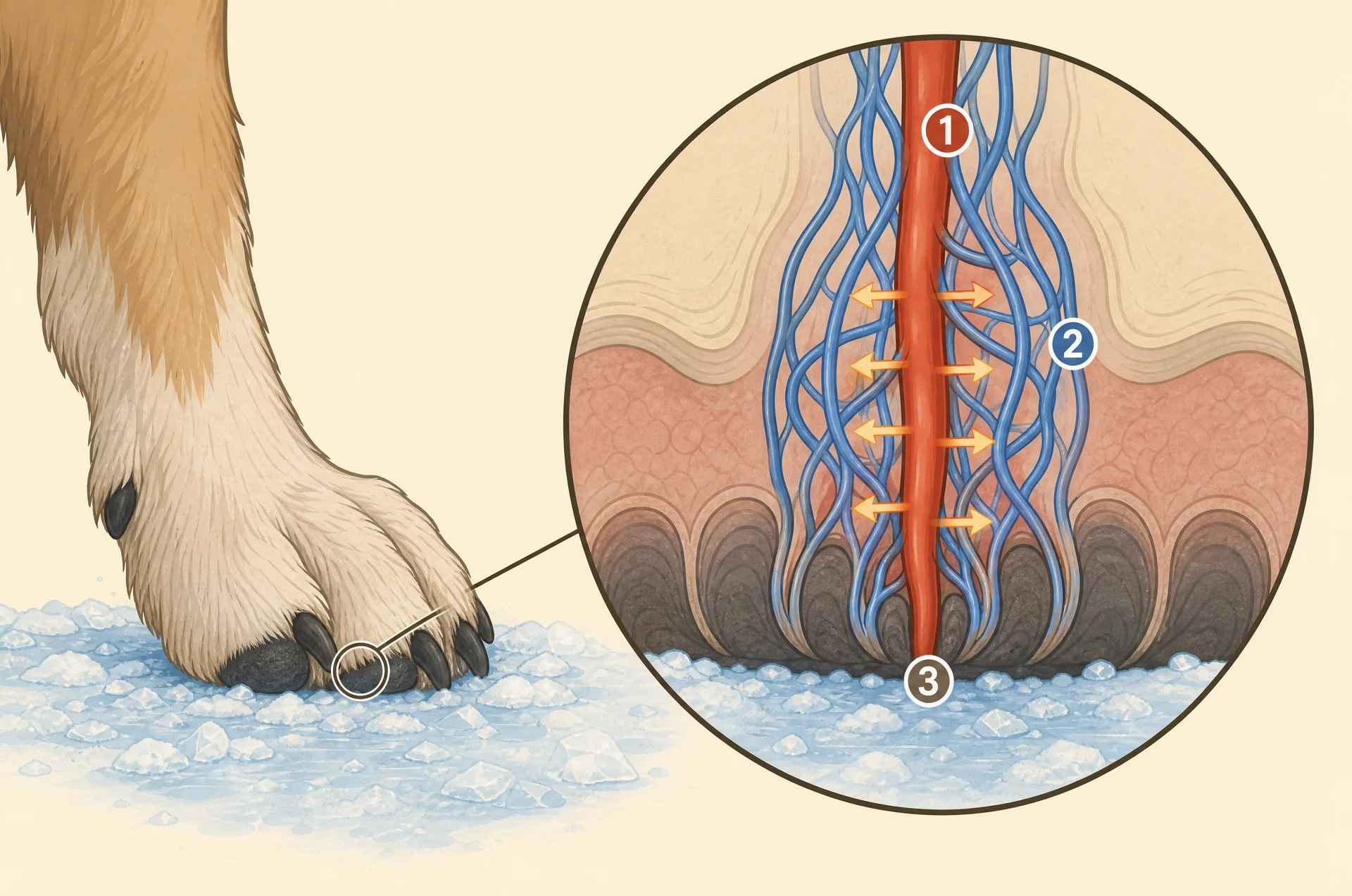 Diagram of a dog paw standing on snow with a magnified inset of the paw pad: a red artery runs down to the pad surface, wrapped by a mesh of blue veins, with orange arrows showing warmth passing from the artery into the veins