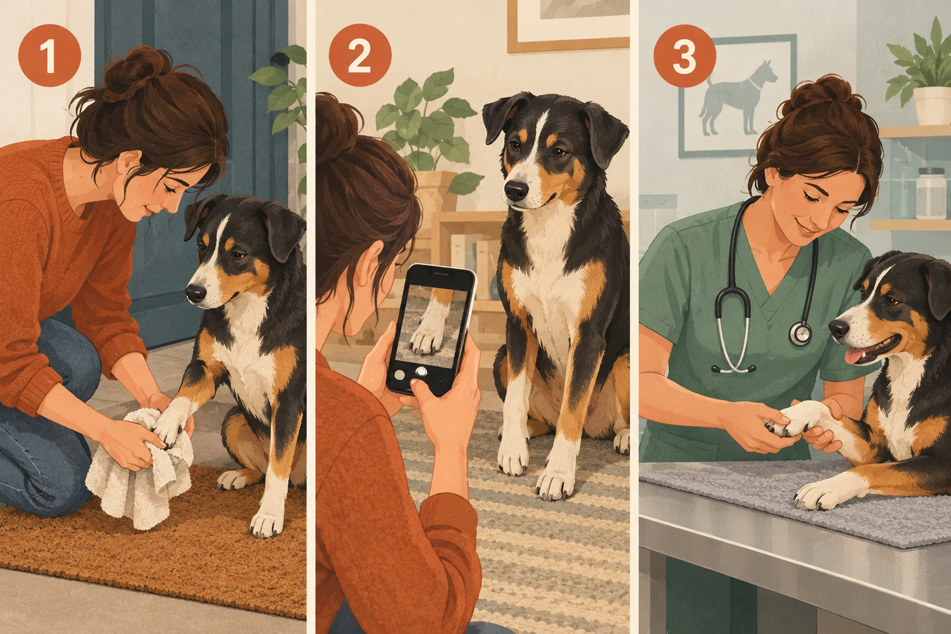 Three-panel illustration: towel-drying between a dog's toes on a doormat, an owner photographing a dog's paw with a phone, and a veterinarian examining a dog's paw on an exam table.