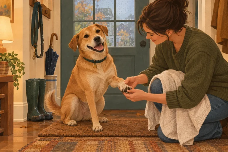 Flat editorial illustration of an owner kneeling on an entryway mat after a rainy walk, gently spreading the toes of a dog's front paw to look between them, with a towel and wet leash nearby.