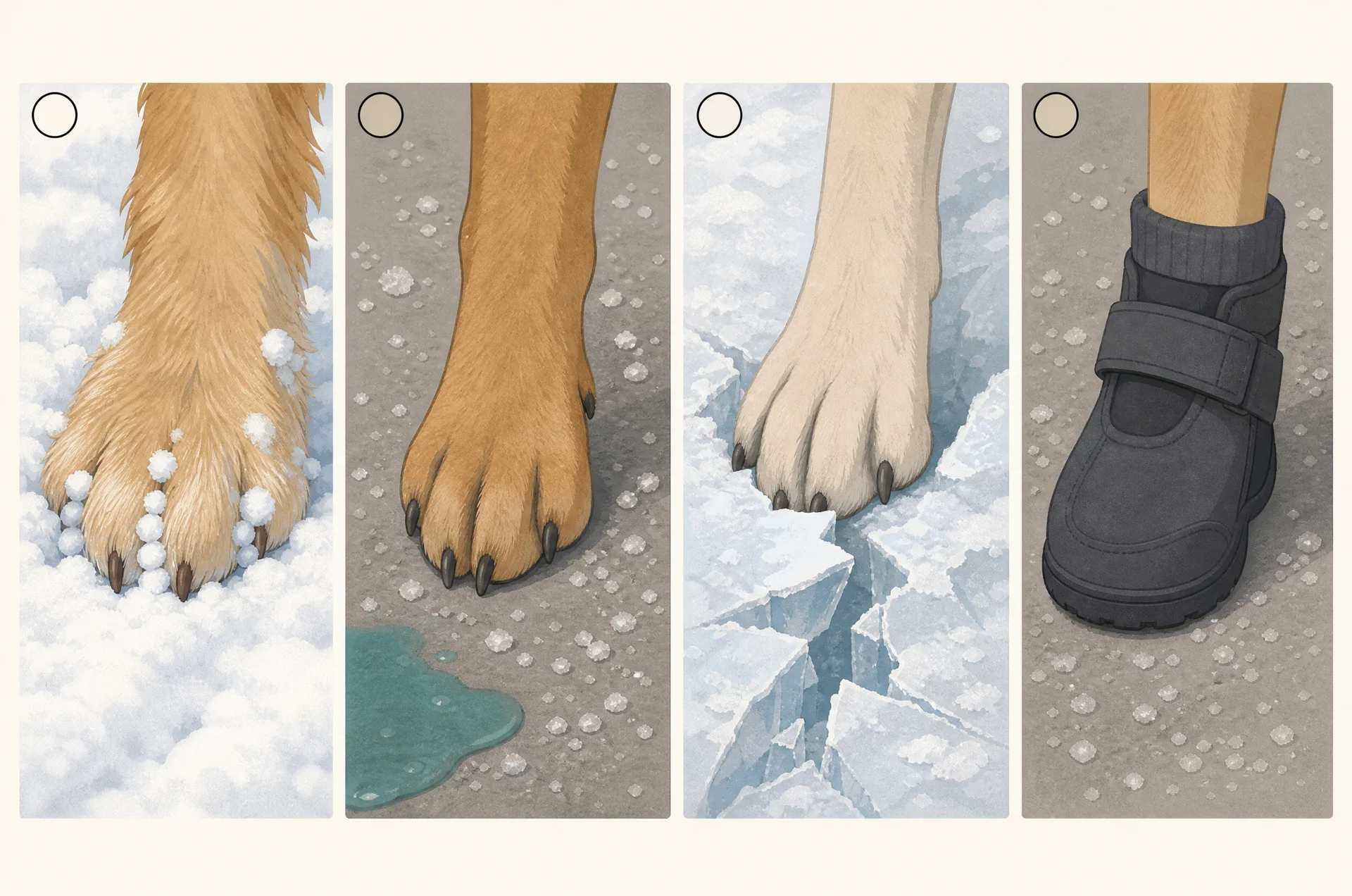 Four panels of dog paws on winter surfaces: a furry paw with ice balls between the toes in deep snow, a short-haired paw on a salted sidewalk next to a blue-green antifreeze puddle, a paw on sharp broken ice, and a paw in a snug grey boot on the salted sidewalk