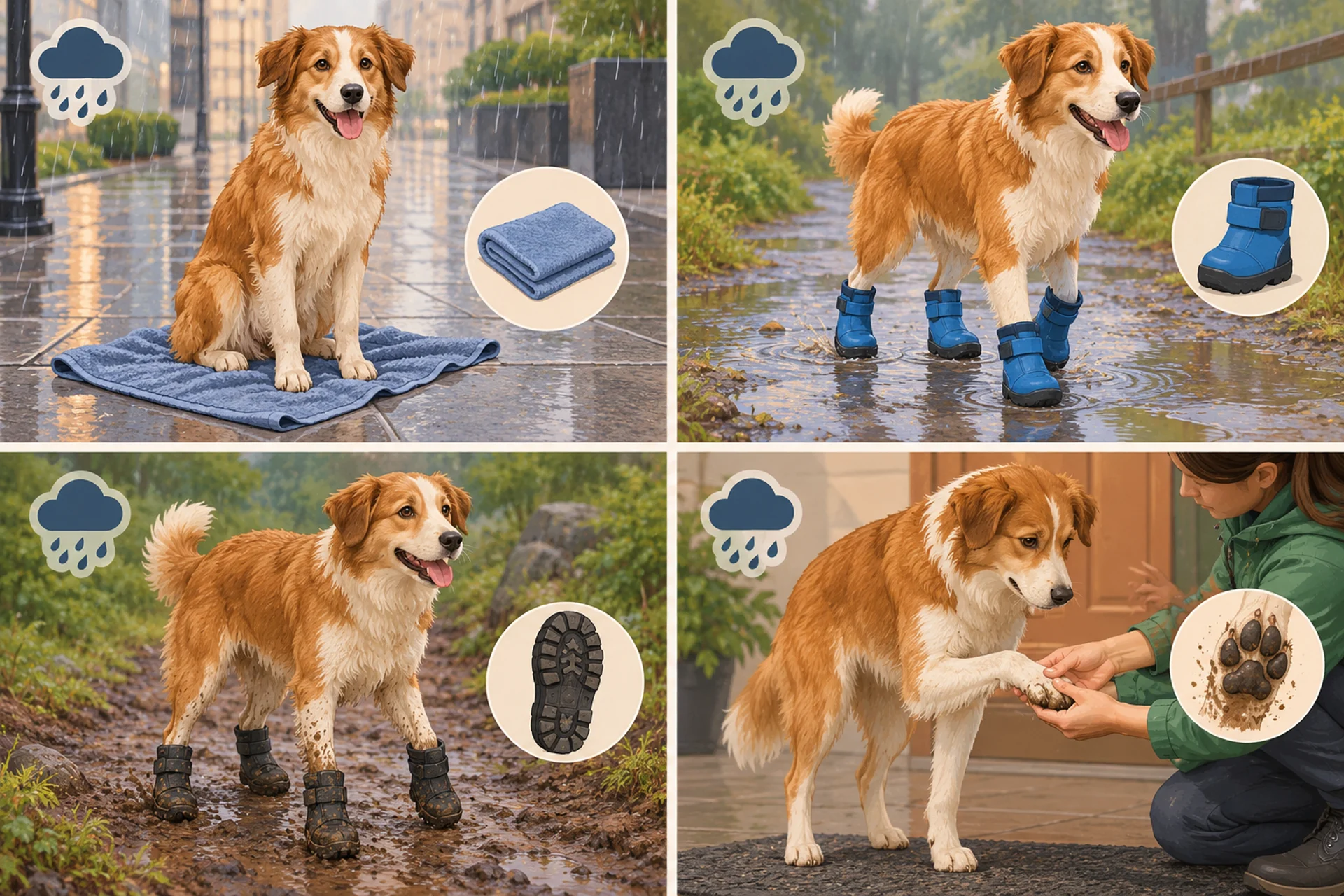 Four-panel editorial illustration of rainy dog walks: a dog on pavement beside a towel, a dog in waterproof boots on a wet path, a dog in treaded boots on a muddy trail, and a person checking a dog's muddy paw after the walk.
