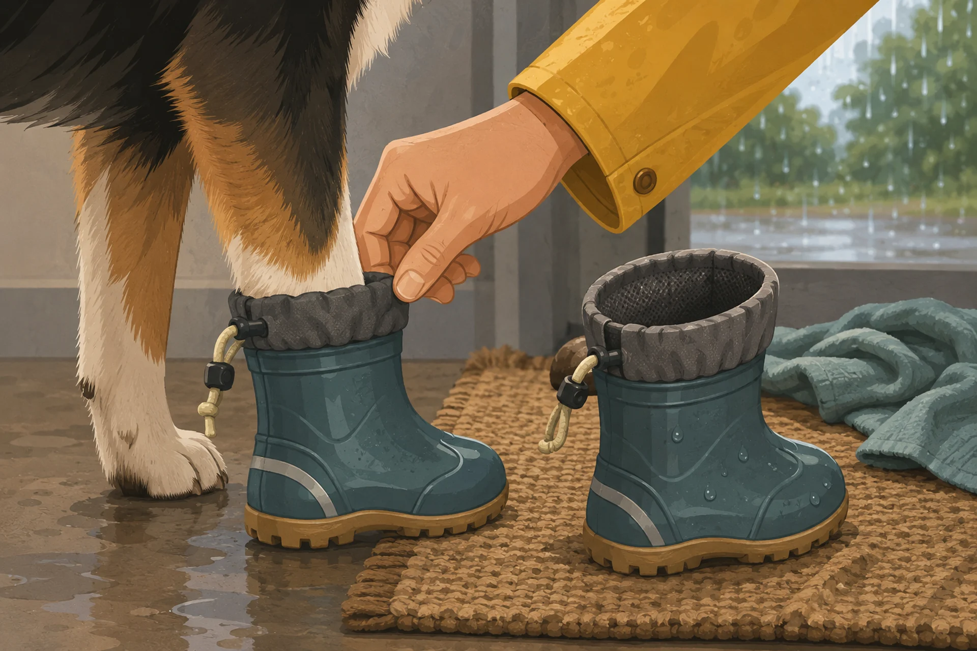 Editorial close-up of a dog paw in a waterproof rain boot while a person gently checks the cuff; a second boot sits open beside a towel on a mat.