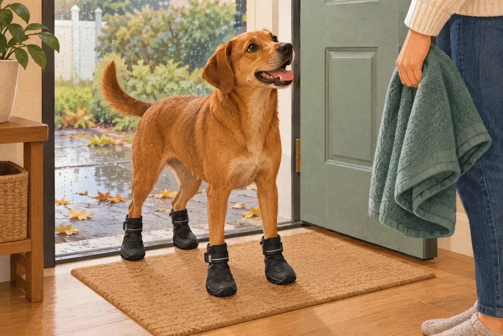 Flat editorial illustration of a dog in rain boots at a front door after a wet walk