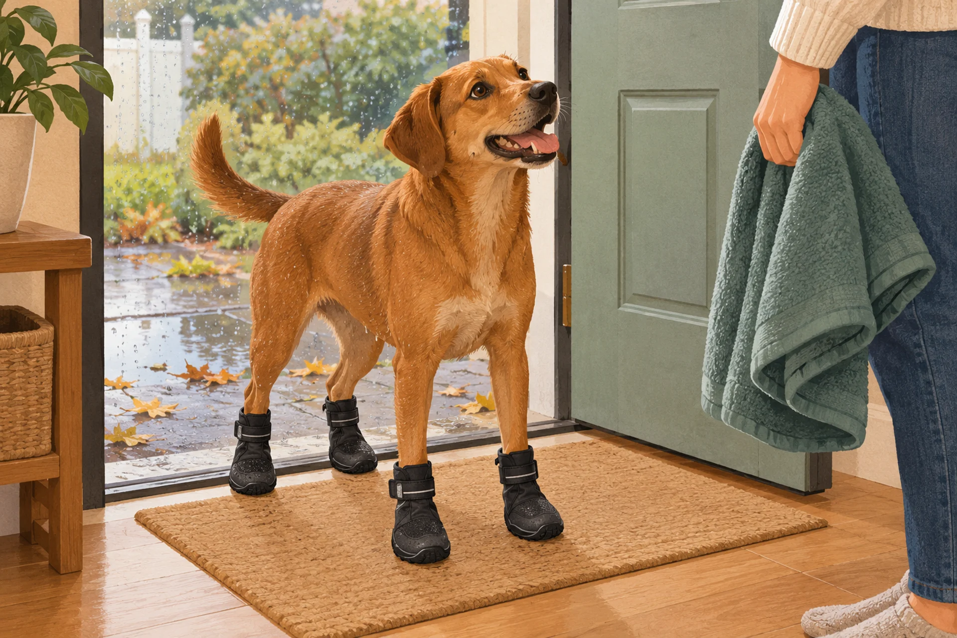 Flat editorial illustration of a brown dog wearing four rain boots at an open front door after a wet walk, with rain outside and a person holding a towel.