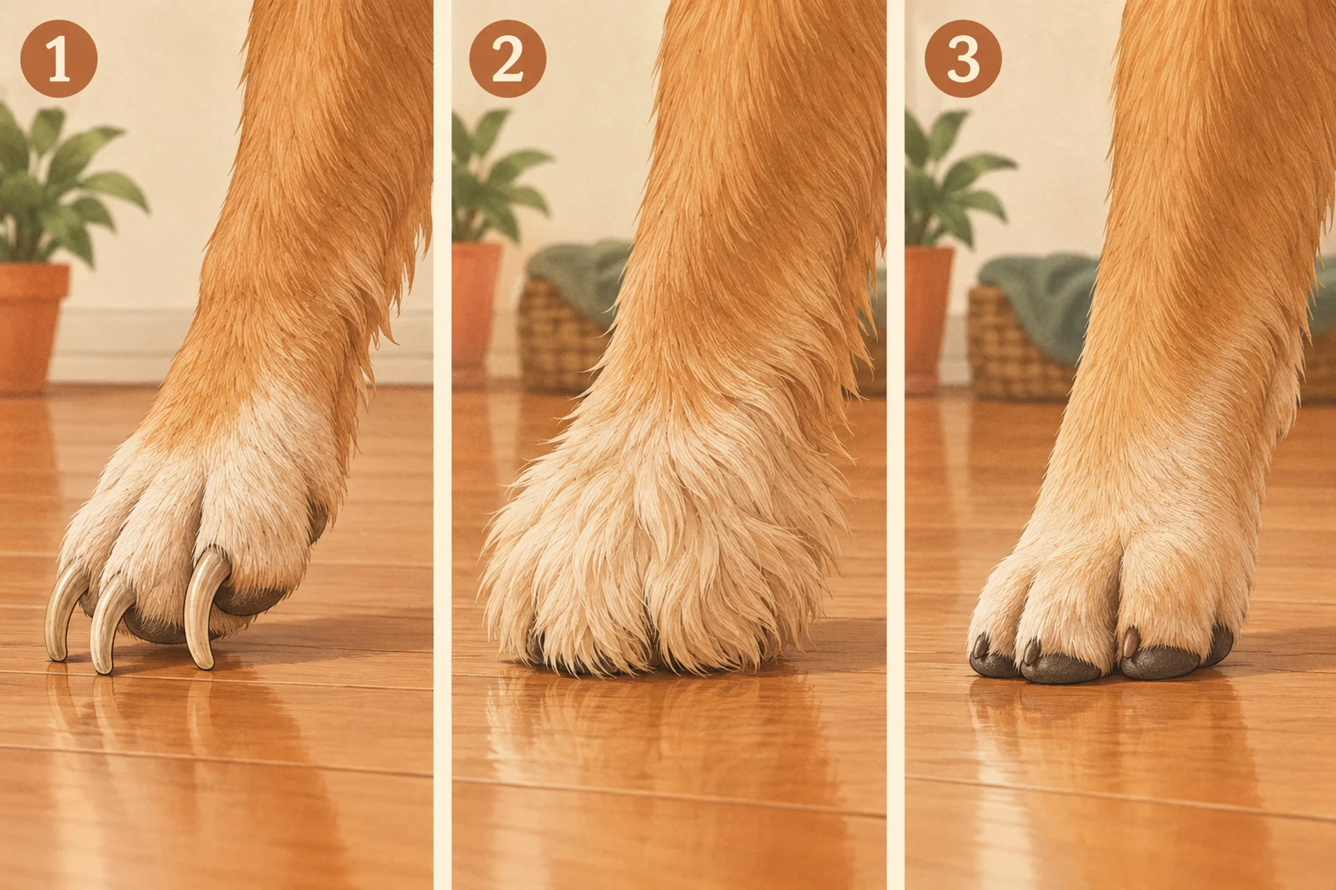 Three-panel illustration of a dog's paw on a glossy wooden floor: in panel one long overgrown nails touch the floor and tip the paw back, in panel two fluffy fur grows over and covers the smooth pads, and in panel three short nails and fur trimmed flush let the dark pads sit on the floor.