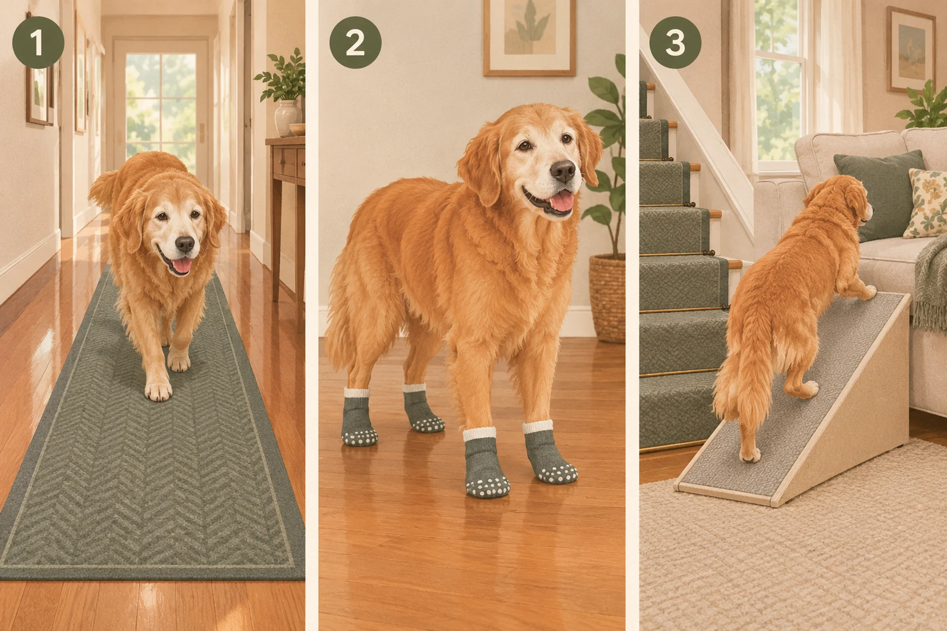 Three-panel illustration: in panel one a happy senior dog walks along a non-slip runner rug across a shiny hardwood hallway, in panel two a dog stands on hardwood wearing soft grippy socks with rubber dots on all four feet, and in panel three a dog walks up a low textured ramp to a sofa beside a carpeted stair runner.