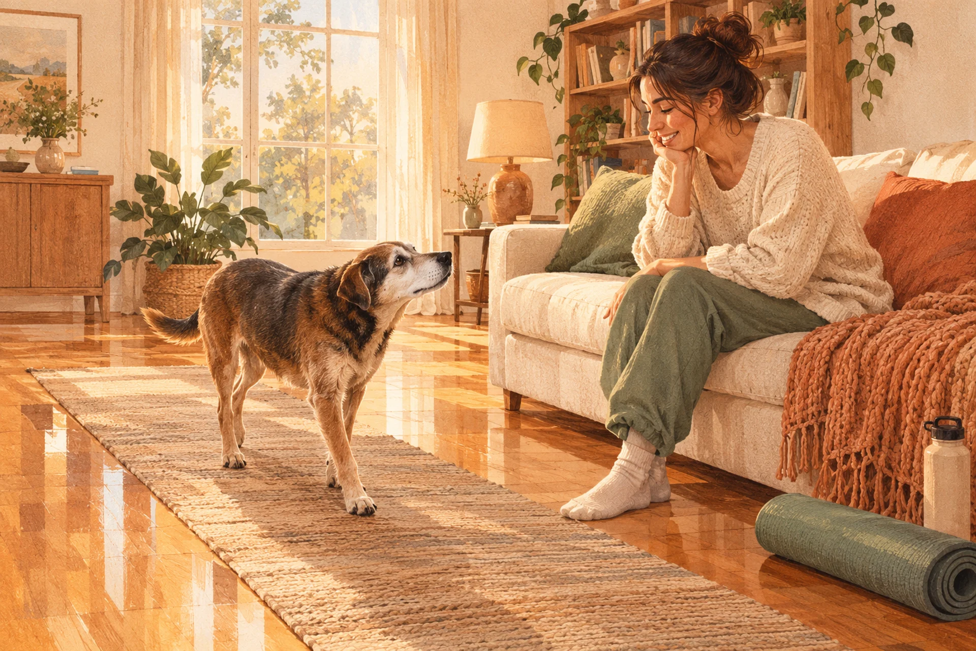 Flat editorial illustration of a cozy living room with glossy hardwood floors in warm afternoon light: a gray-muzzled senior dog walks calmly along a long non-slip runner rug toward its smiling owner, with a rolled yoga mat by the sofa.