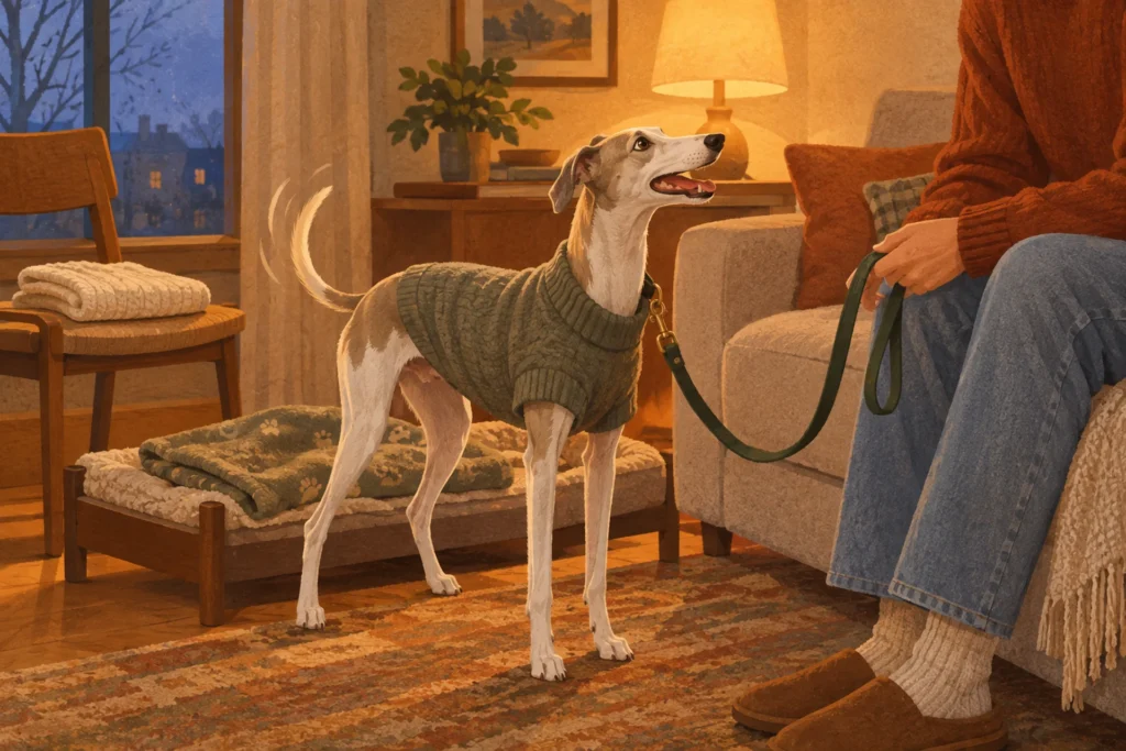 A happy, dry whippet-type dog in a soft knit sweater stands by a raised dog bed in a warm, lamp-lit living room on an autumn evening, looking up at its owner on the sofa
