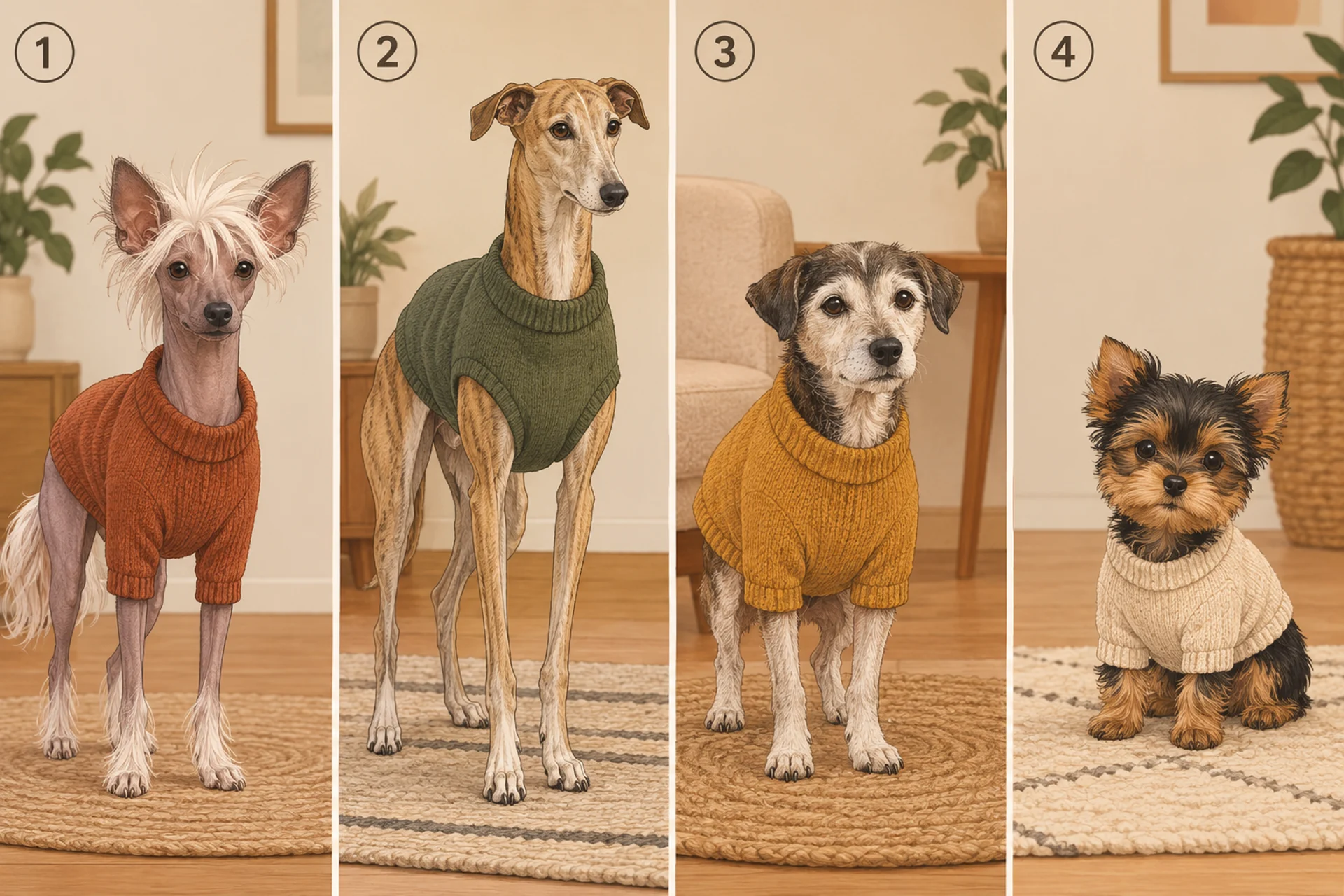 Four-panel illustration of four calm dogs indoors, each wearing a plain knit sweater: a hairless Chinese Crested type dog, a very lean greyhound-type sighthound, an elderly small dog with a grey muzzle, and a tiny toy-breed puppy. Circled numbers one to four mark the panels.