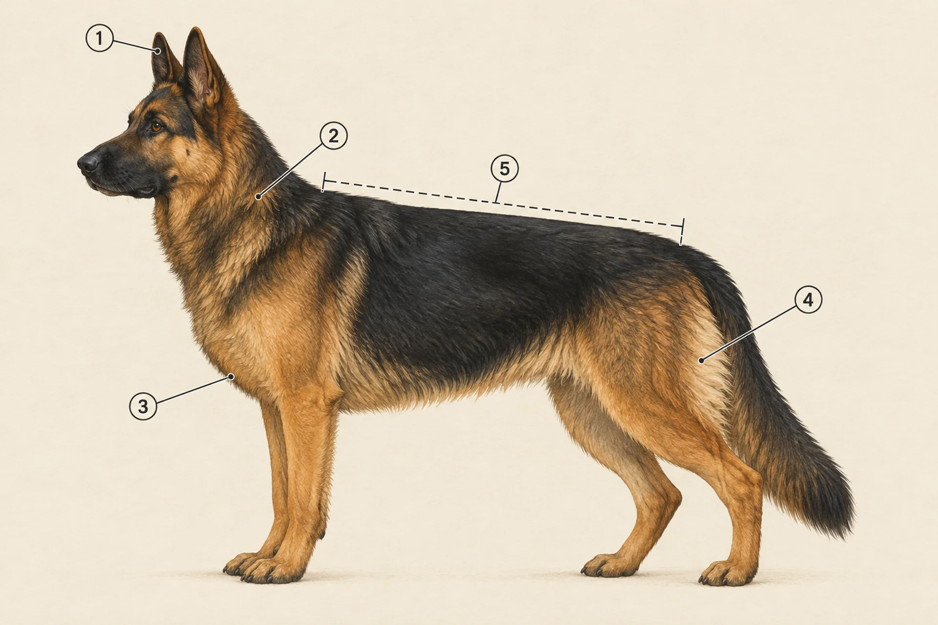 Side view of a black and tan German Shepherd with five numbered markers: the upright ears, the thicker fur on the neck, the deep chest reaching down to the elbows, the longer hair on the back of the thighs, and a dashed line along the back from the base of the neck to the base of the tail.