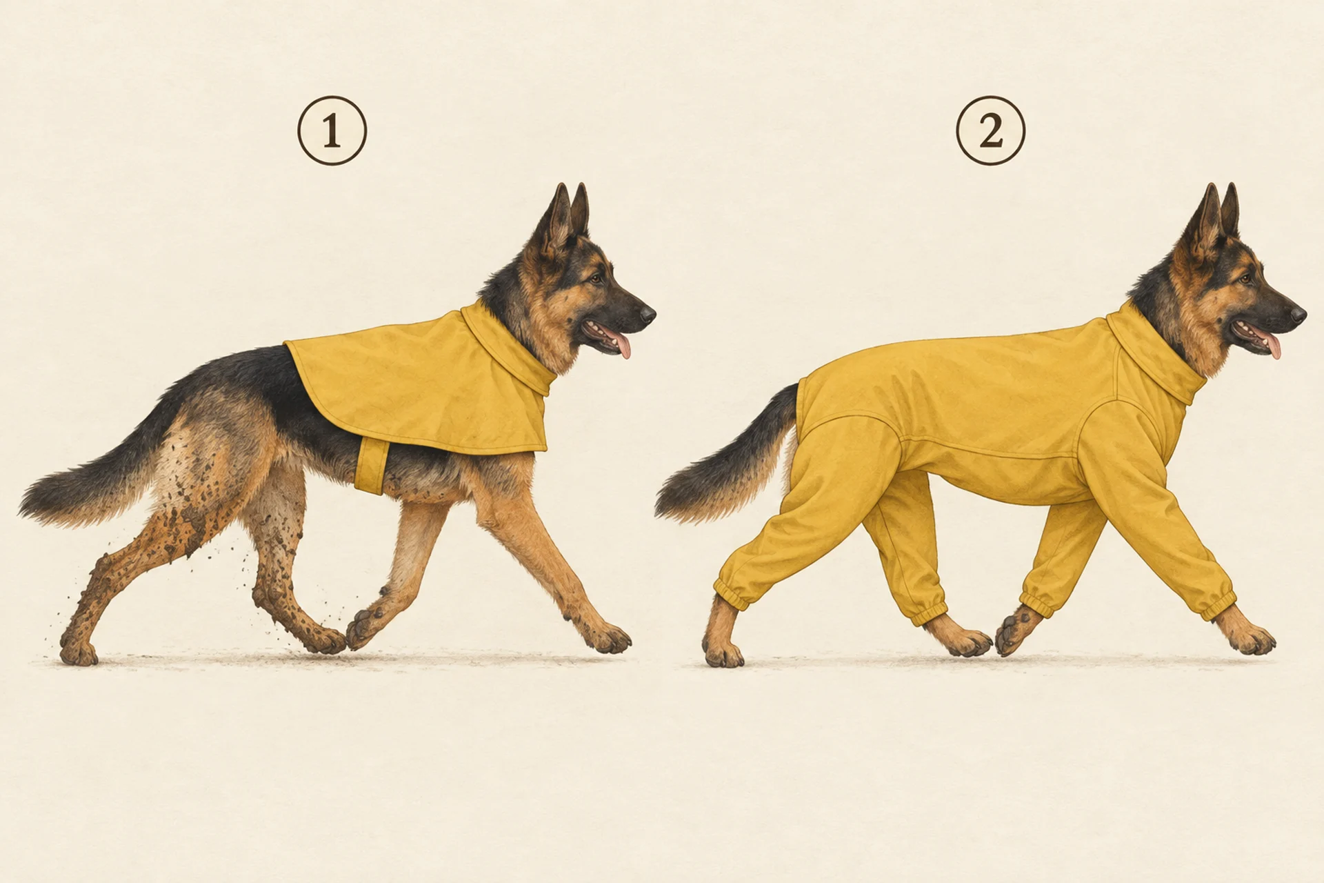 Two side views of the same German Shepherd trotting. On the left, a short yellow cape-style raincoat stops halfway down the back and the thighs and hind legs are spattered with mud. On the right, a yellow four-leg rain suit runs to the base of the tail, covers the chest and all four legs, and the dog's legs are clean.
