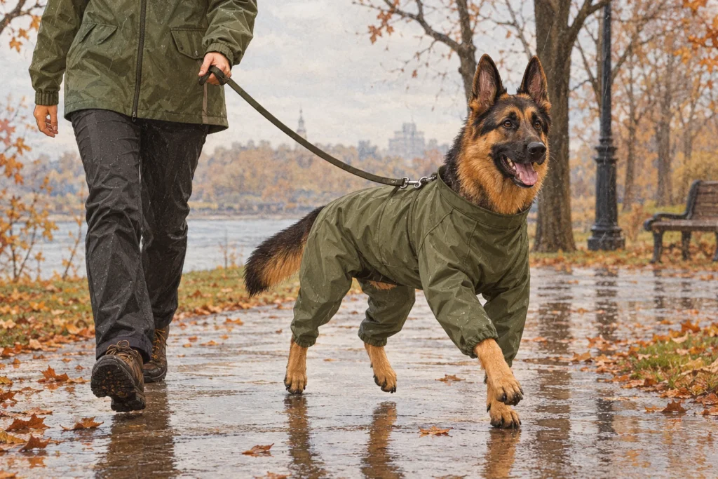 A happy German Shepherd with upright ears trots beside its owner on a wet autumn park path, wearing a green four-leg rain suit with no hood