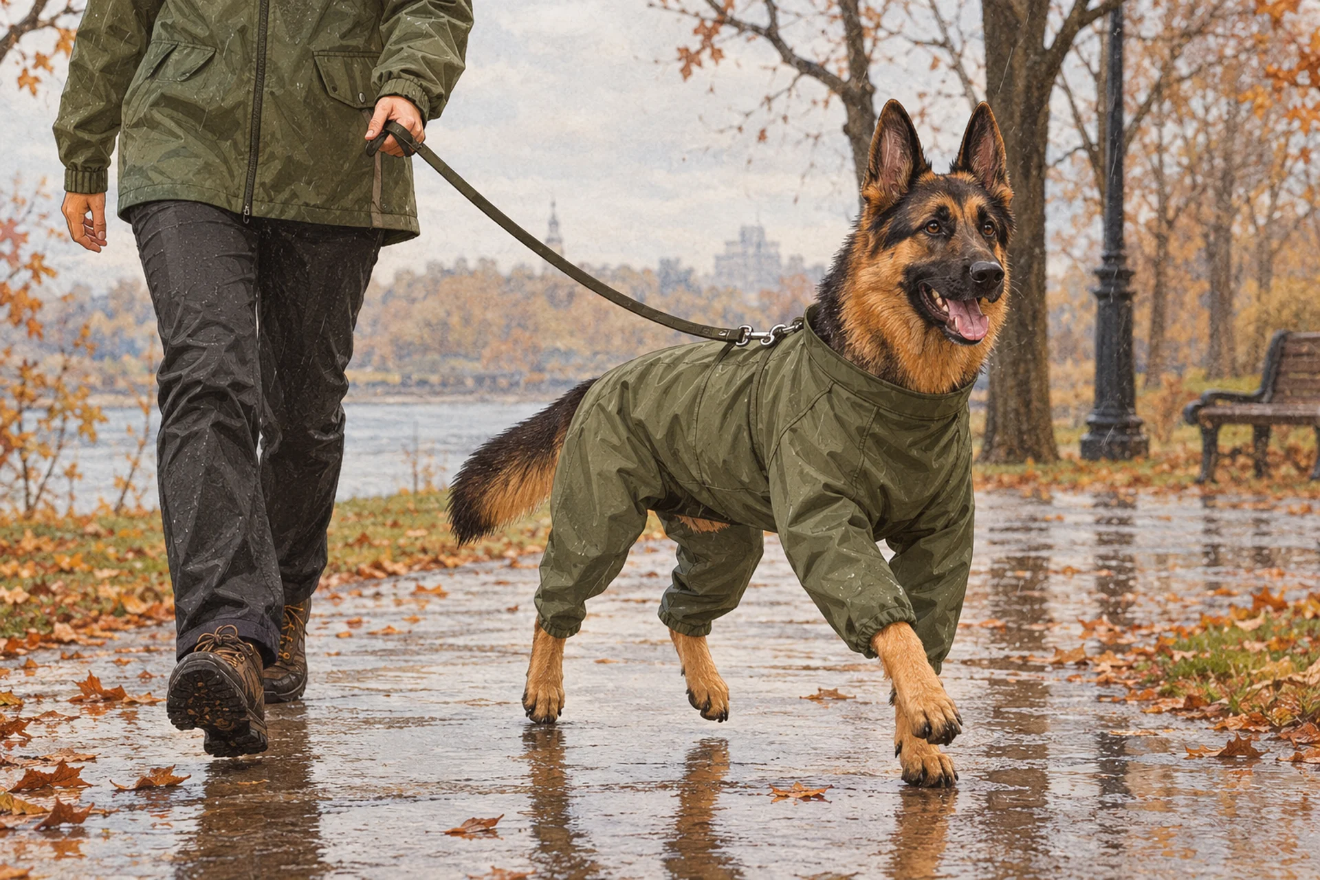 A happy German Shepherd with upright ears trots beside its owner on a wet autumn park path in light drizzle, wearing a green four-leg rain suit with no hood.