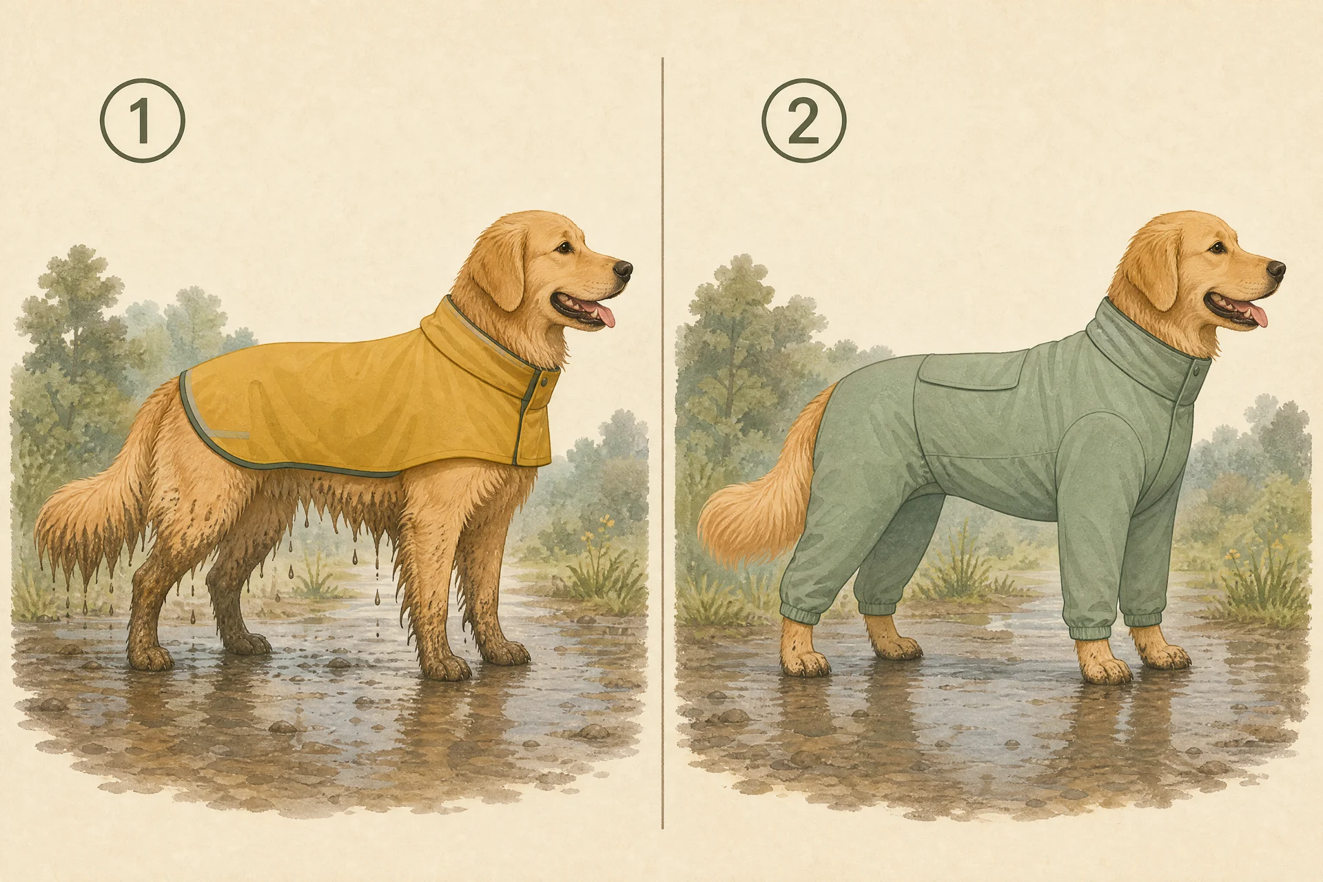 Two golden retrievers on a muddy path: on the left a cape-style raincoat keeps the back dry while the legs, belly feathering and tail drip with mud; on the right a four-leg rain suit leaves only the paws muddy.