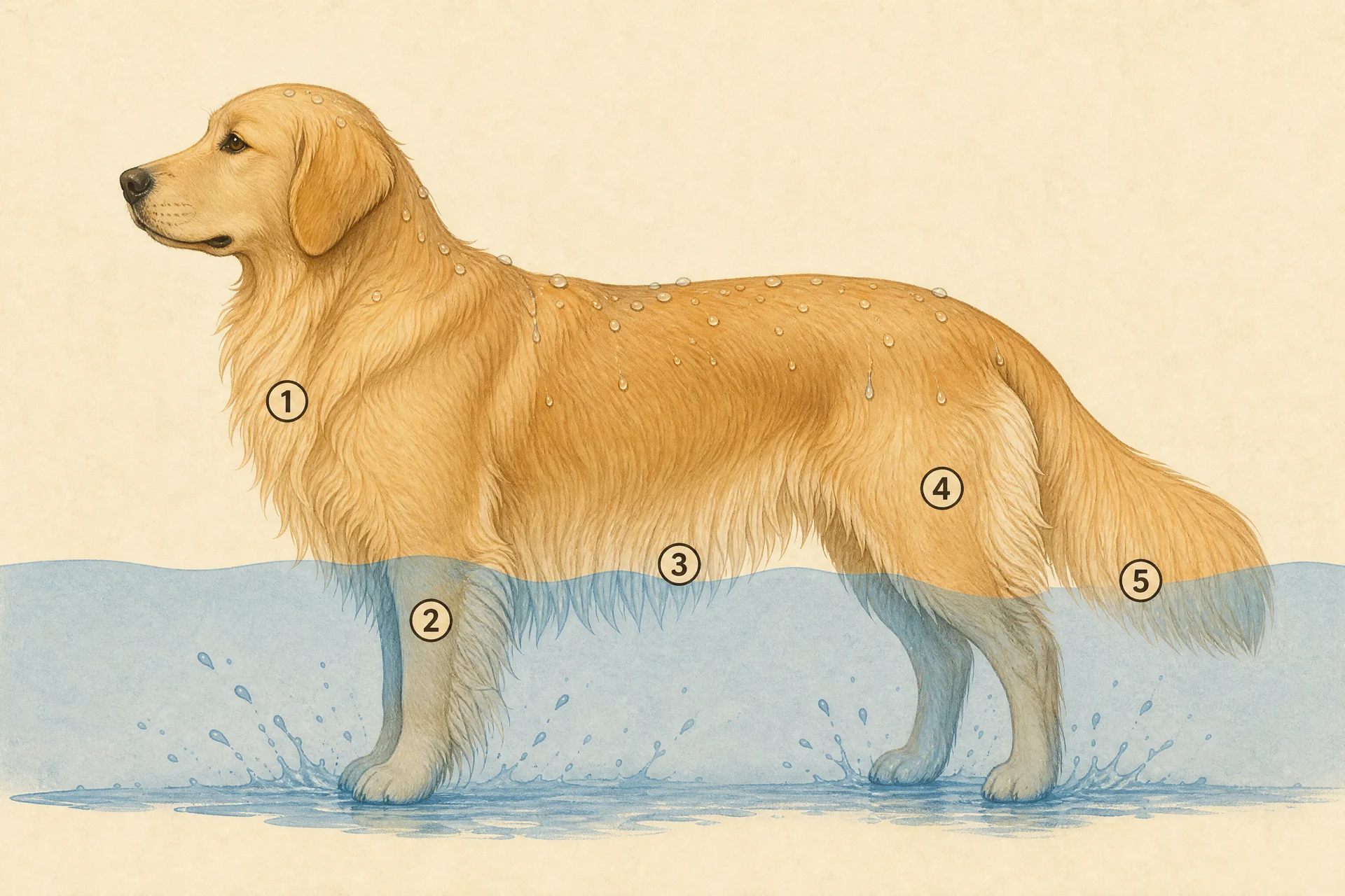 Side-view diagram of a golden retriever with its feathering marked at five points: front of the neck, back of the forelegs, underside of the belly, back of the thighs and underside of the tail. A blue splash band rises from a wet path over the legs and belly feathering while rain beads on the back.