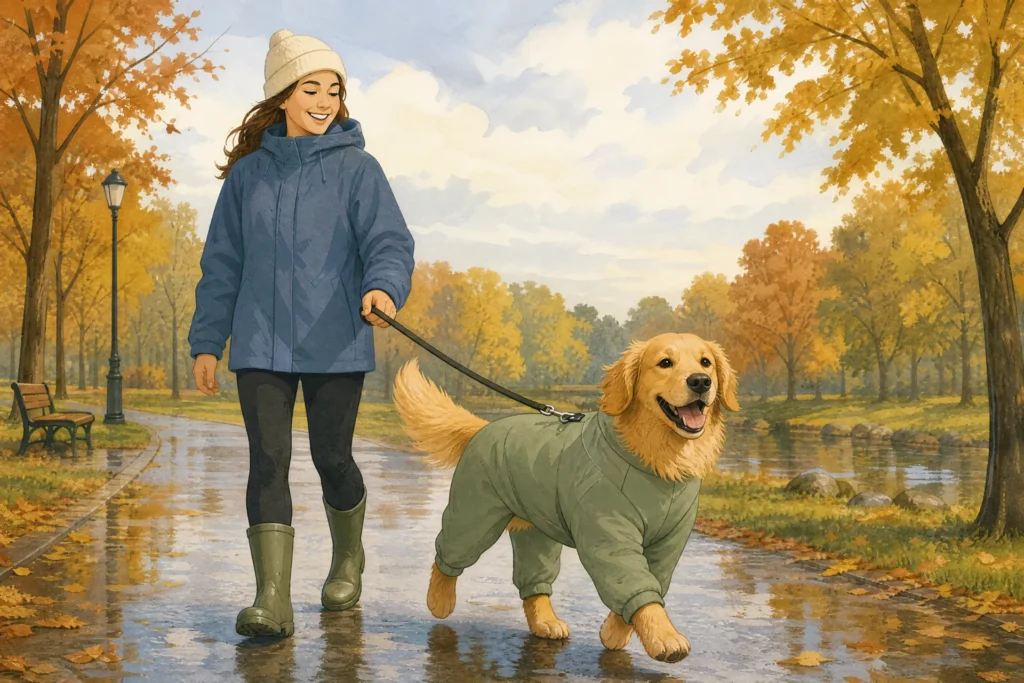 A happy, dry golden retriever trotting along a wet autumn park path in a sage-green four-leg rain suit, feathered tail and chest ruff showing, with its owner walking beside it