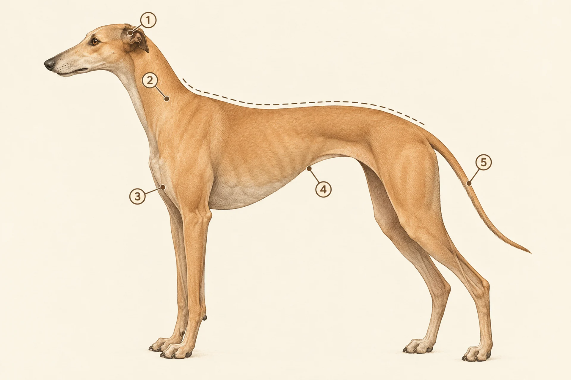 Side view of a slim fawn Greyhound with five numbered markers: the small ears folded back, the long neck, the deep chest reaching down to the elbows, the narrow tucked-up waist behind the ribs, and the long thin tail, with a dashed line along the back from the base of the neck to the base of the tail.