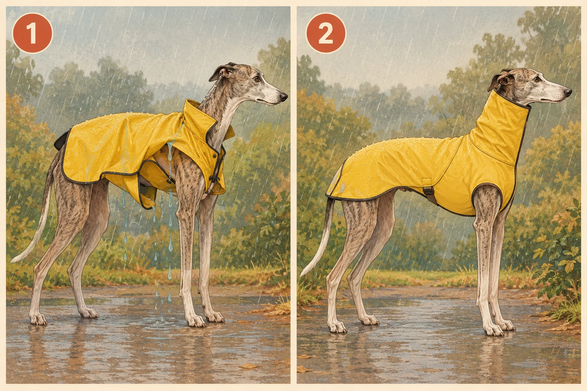 Two side views of the same slim Greyhound in light rain. On the left, a boxy raincoat sized by weight is short at the neck, tight across the deep chest and hangs loose at the narrow waist so rain runs inside. On the right, a raincoat cut for a sighthound follows the deep chest, tapers in at the waist, has a high, long neck and reaches the base of the tail.