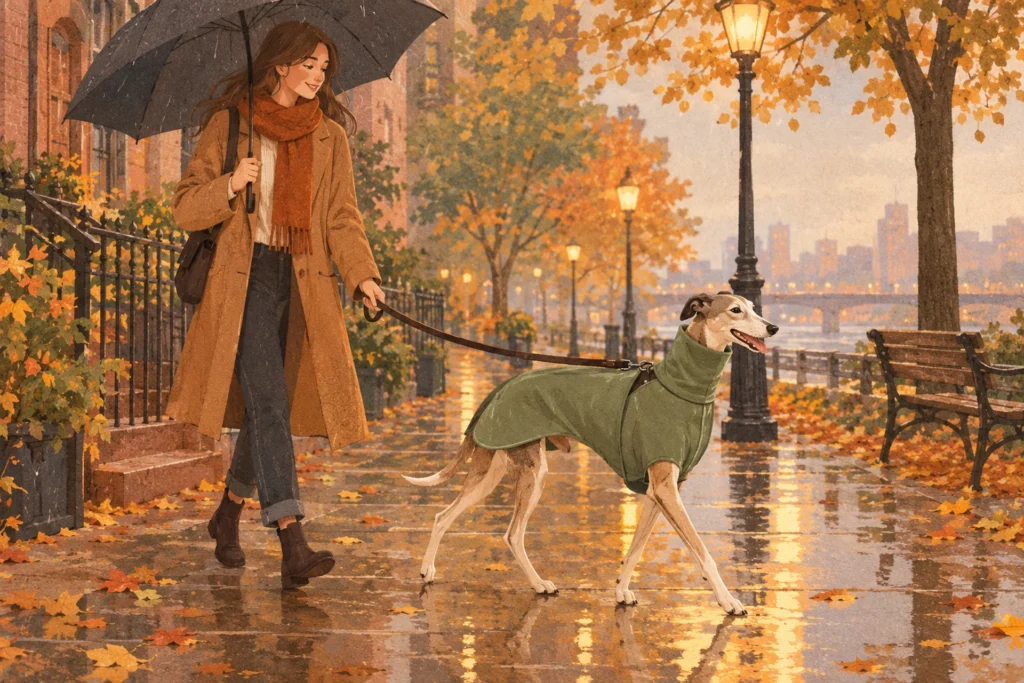 A happy Greyhound in a fitted green raincoat trotting beside its owner on a wet autumn sidewalk