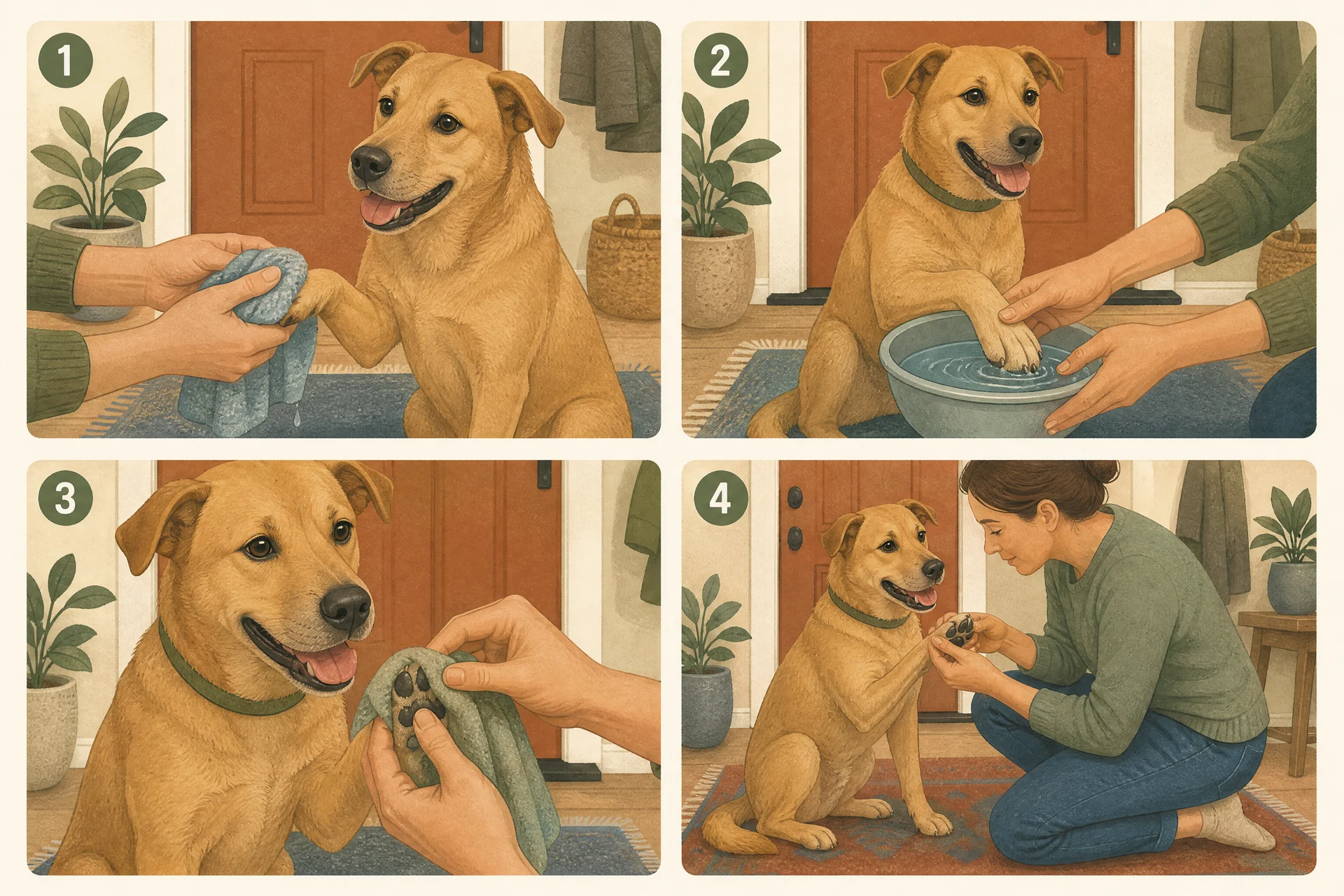 Four-panel illustration of a calm tan dog by a front door: a hand wiping the front paw with a damp cloth, the paw in a shallow bowl of water, a towel drying the underside of the paw and between the toes, and a person looking at the underside of the lifted paw.