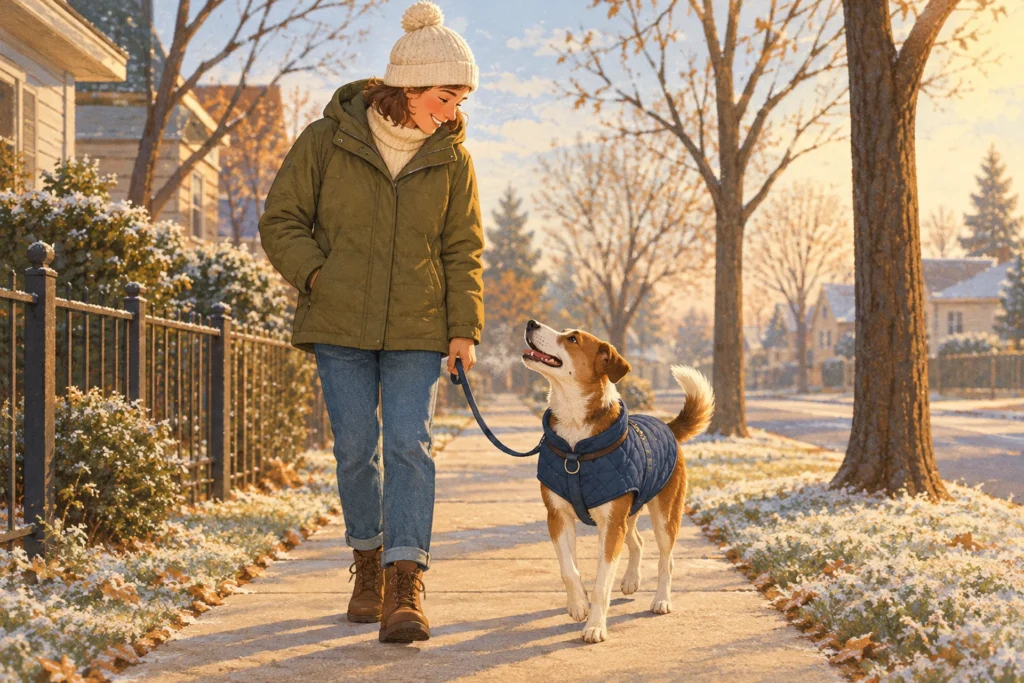 Person in a knit hat smiling down at a happy short-coated dog in a quilted coat on a frosty autumn sidewalk