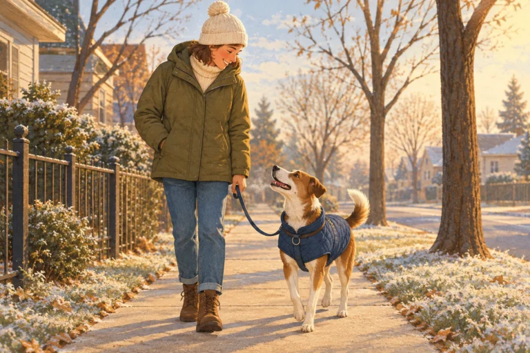 Person in a knit hat smiling down at a happy short-coated dog in a quilted coat on a frosty autumn sidewalk