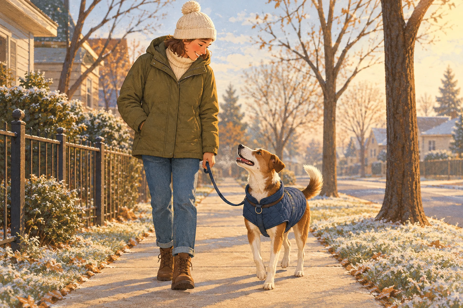 Flat editorial illustration of a crisp, sunny late-autumn morning on a dry neighborhood sidewalk: a smiling person in a knit hat pauses and looks down at a happy short-coated dog in a snug quilted coat, who looks back up with its tail raised.