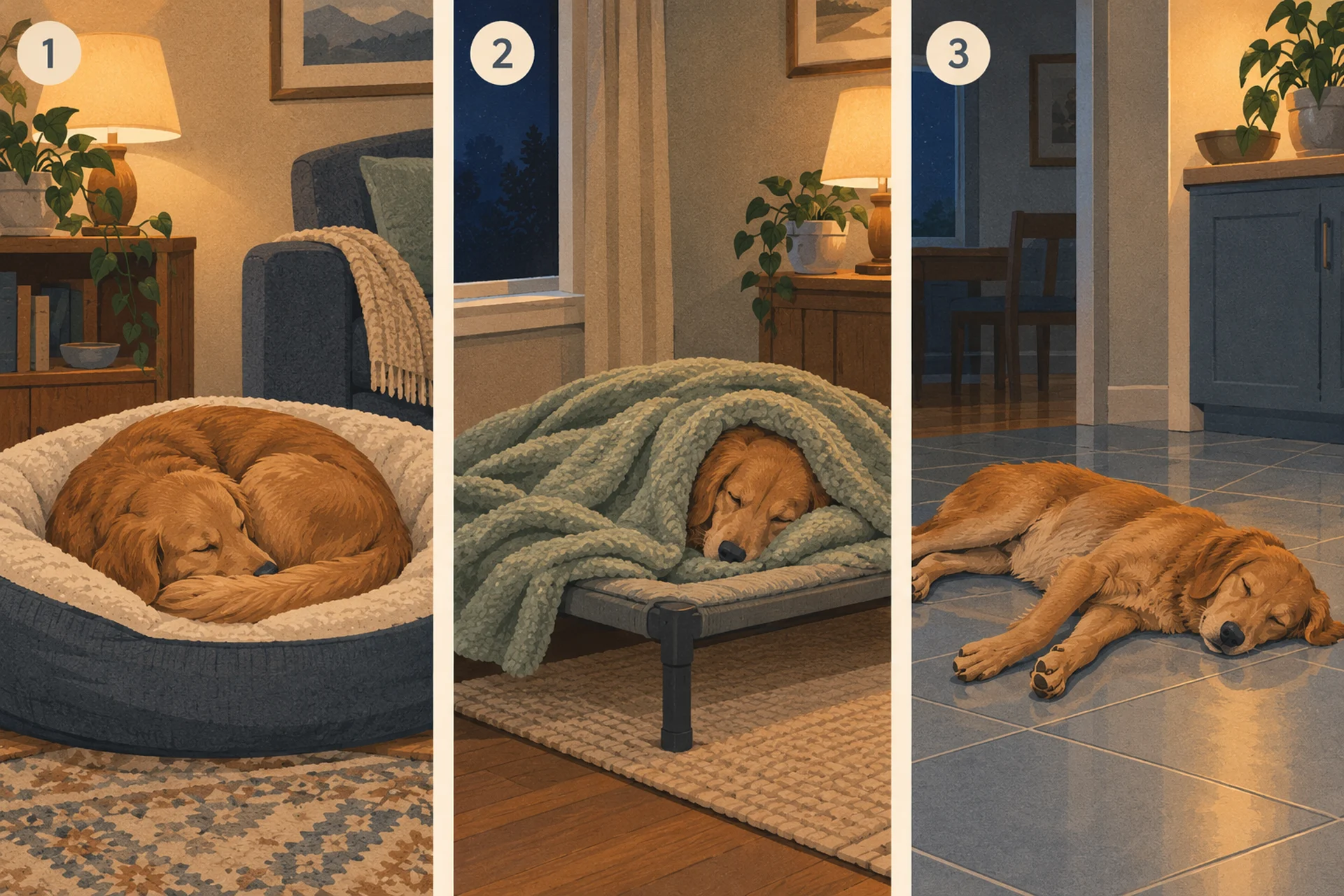 Three-panel illustration of dogs sleeping at home at night in warm lamp light: in panel one a dog sleeps curled into a tight ball with its nose tucked under its tail, in panel two a dog is burrowed under a blanket on a raised bed away from a window, and in panel three a dog sleeps stretched out flat on a cool tile floor.