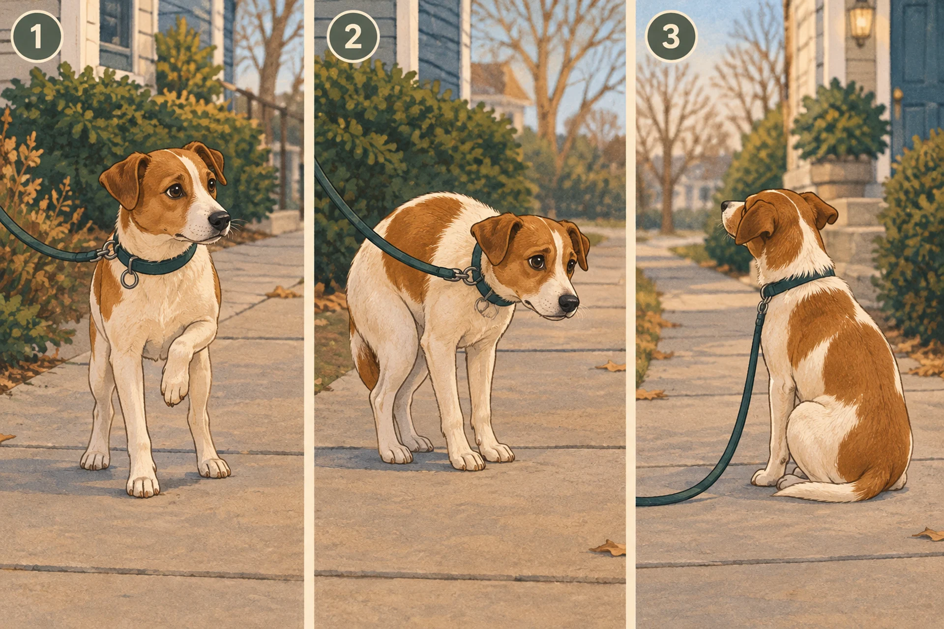 Three-panel illustration of a short-coated small dog on a cold, dry winter sidewalk: in panel one it lifts one front paw off the ground, in panel two it stands hunched with its tail tucked, and in panel three it sits down and looks back toward home with the leash slack.
