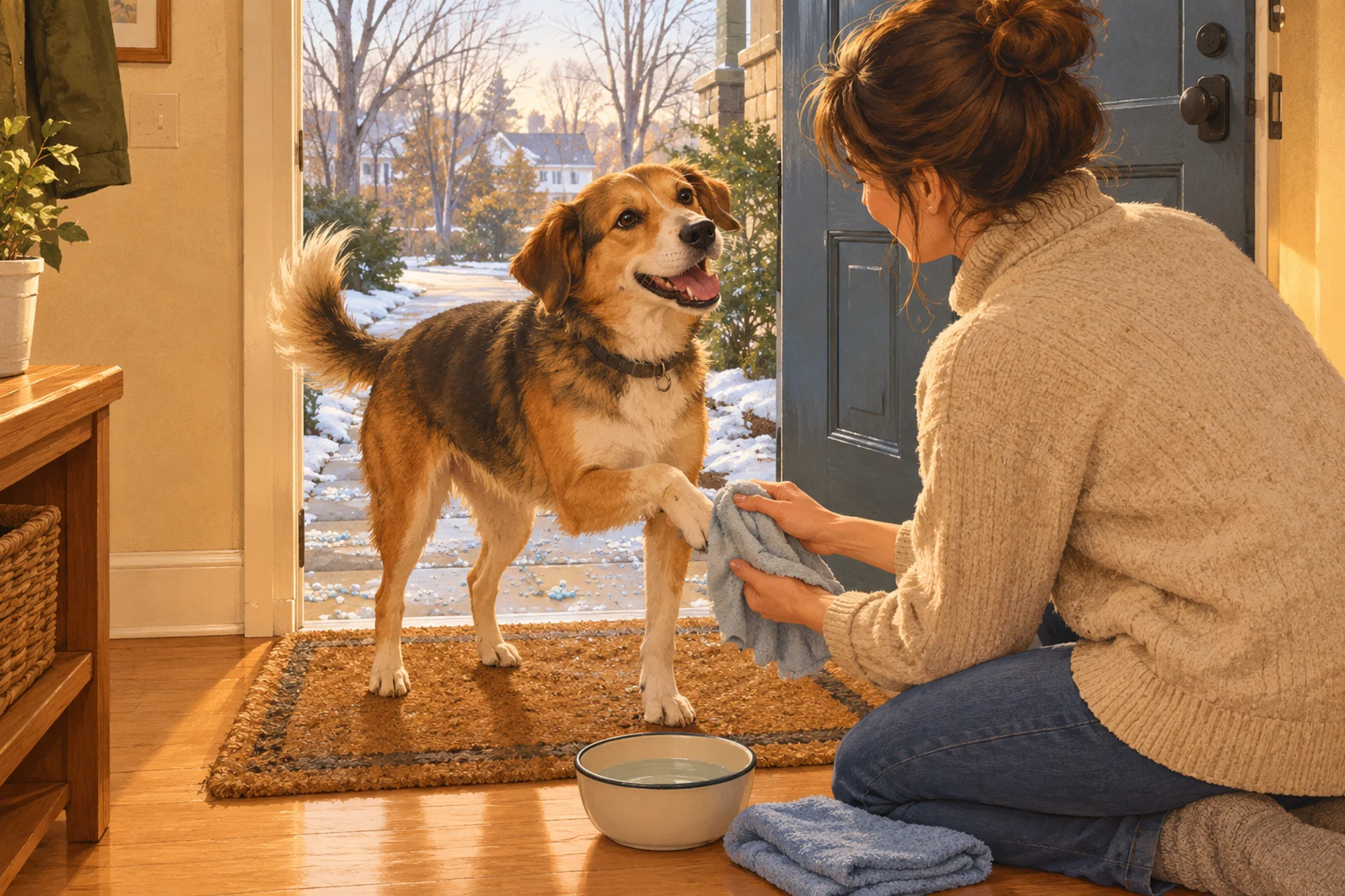 Flat editorial illustration of a happy medium-sized dog standing on a doormat just inside an open front door while a kneeling person wipes one lifted front paw with a damp cloth, with ice-melt pellets scattered on the front steps outside.