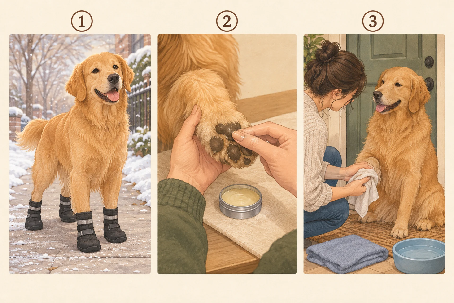 Three-panel diagram-style illustration: a happy dog wearing four snug boots on a lightly salted sidewalk, hands rubbing paw balm onto a dog's pads, and a person at a doorway wiping a calm dog's paw with a damp cloth.