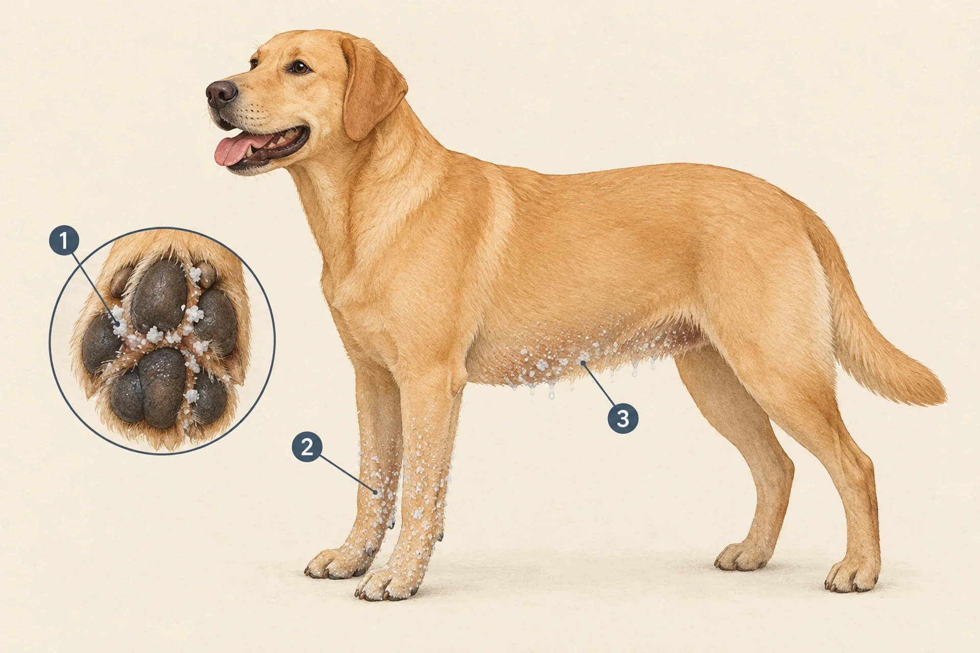 Diagram-style illustration of a calm short-coated dog in side view with three numbered markers: a magnified inset of a paw with white salt crystals lodged between the toe pads, a light dusting of crystals on the lower legs, and crystals and slush specks on the belly.