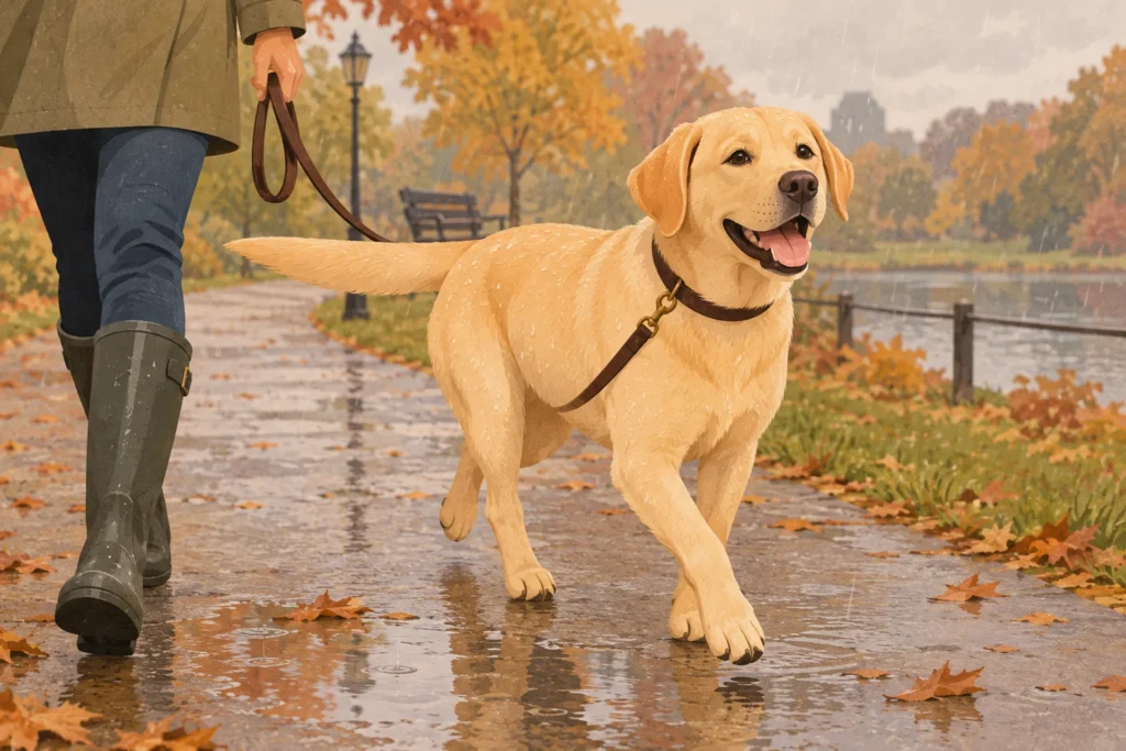 A cheerful yellow Labrador Retriever trotting along a wet autumn park path in light drizzle, water beading on its short coat.