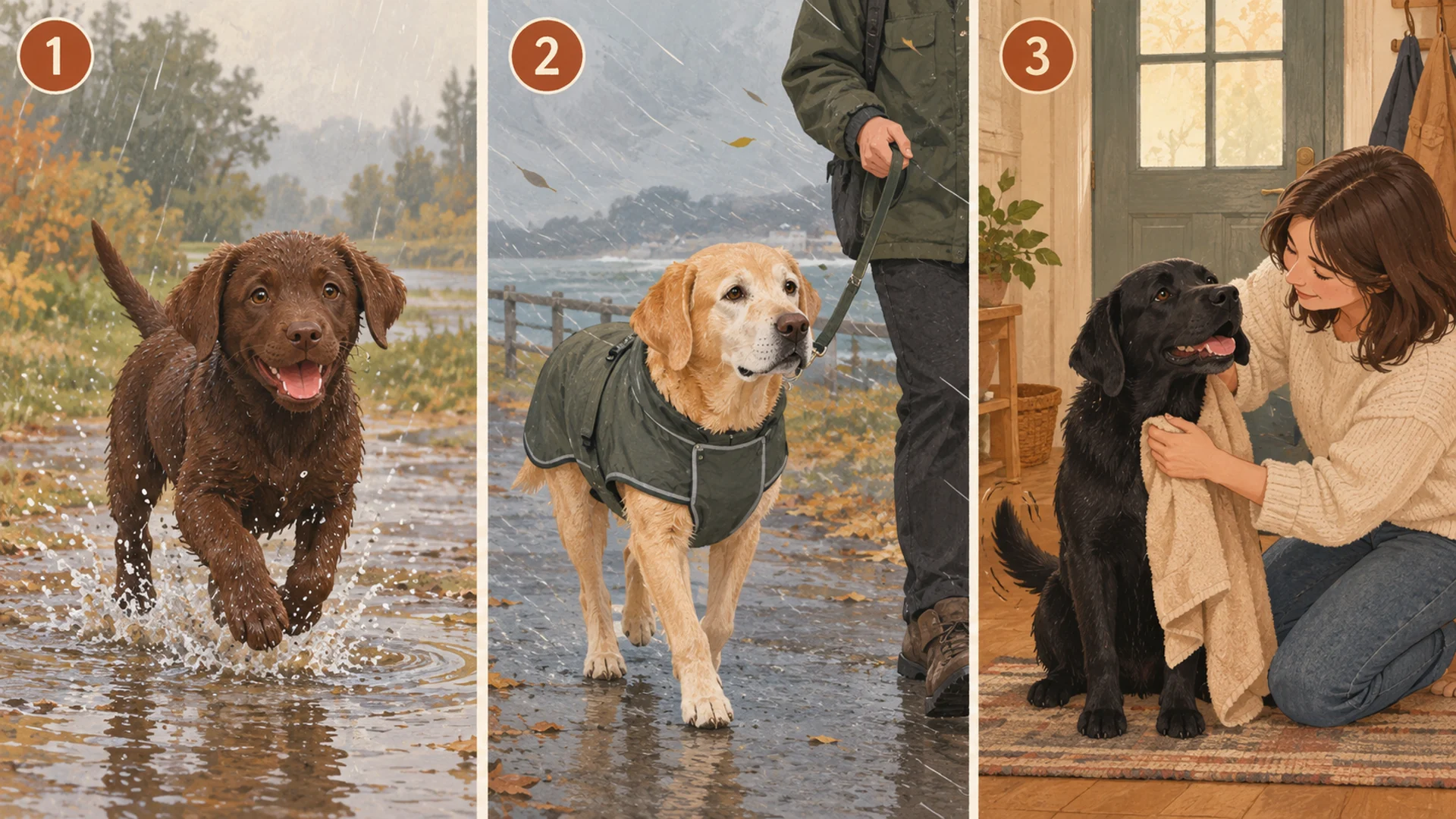 Three-panel illustration: a young chocolate Labrador happily splashing through a puddle with no coat; an older grey-muzzled yellow Labrador walking in cold windy rain in a fitted raincoat; and an owner at the front door towel-drying a black Labrador's ears and chest.