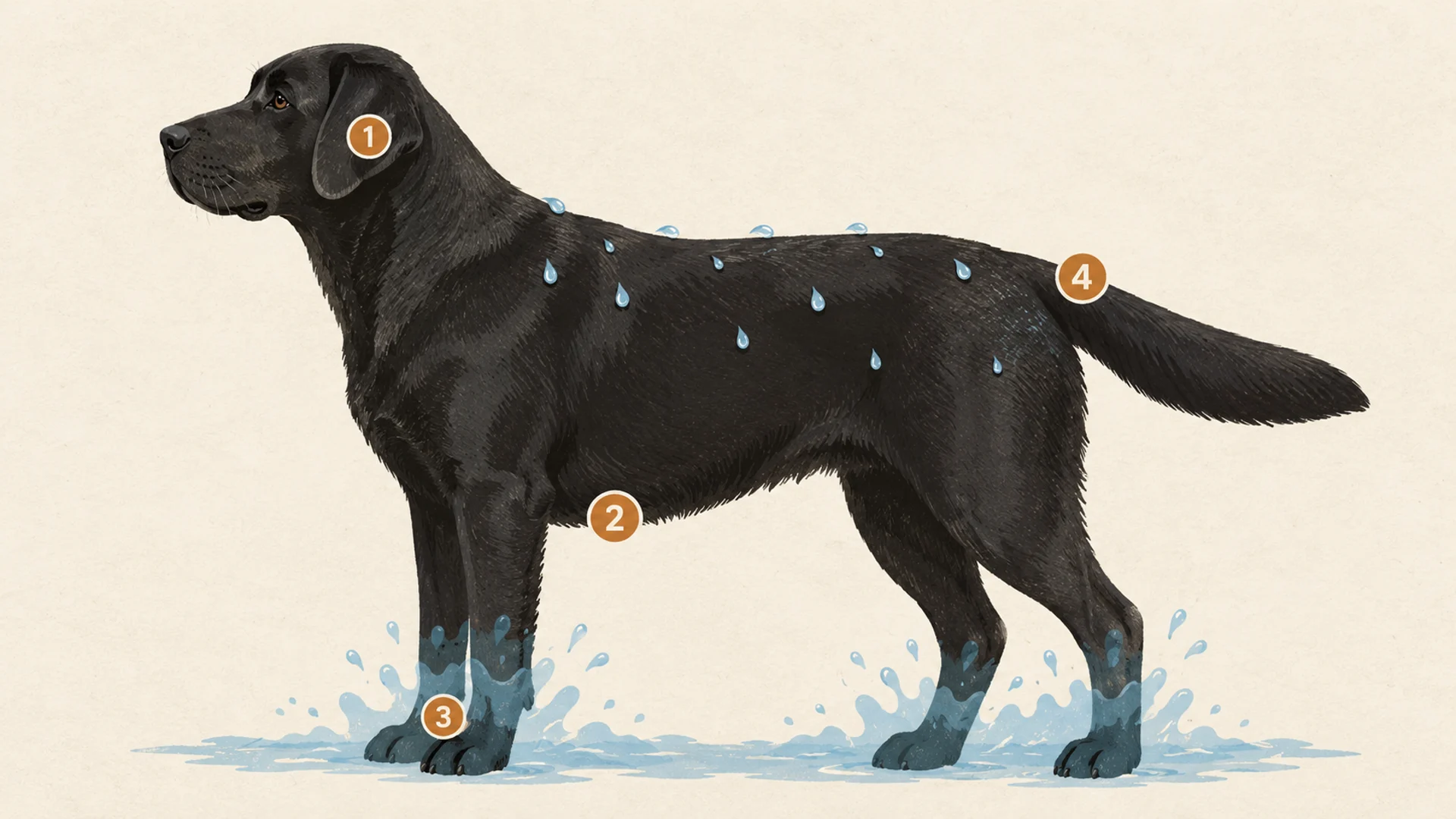Side-view diagram of a black Labrador Retriever with water beading off its back and four circled markers: the drop ear, the underside of the chest and belly, a front paw between the toes, and the base of the thick tail, with a light-blue splash band across the paws and lower legs.