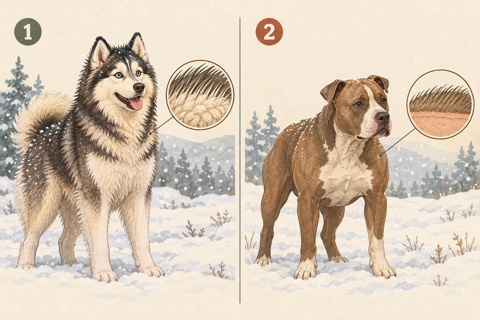 Side-by-side flat illustration in the snow: on the left, marked 1, a fluffy husky-type dog stands contentedly beside a cross-section showing long outer hairs over a dense woolly undercoat; on the right, marked 2, a muscular short-coated pit bull type dog stands slightly hunched beside a cross-section showing a single thin layer of short hairs over the skin.