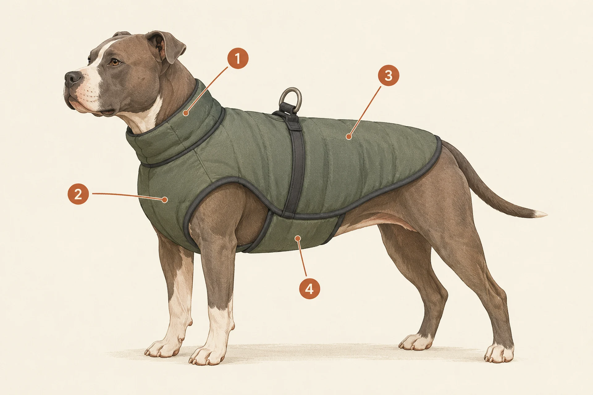 Diagram of a calm, muscular short-coated pit bull type dog in side profile wearing a fitted insulated coat, with four numbered markers: 1 a high collar at the neck, 2 coverage across the broad chest, 3 coverage along the back, 4 a belly panel underneath, with a harness leash ring passing through the coat.