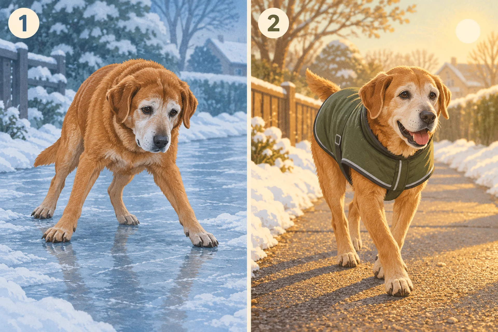Split flat illustration: on the left, a grey-muzzled senior dog stands unsteadily on an icy path between snowbanks with its legs splayed, in cold blue light; on the right, the same dog walks happily in a fitted green coat on a cleared, gritted path in warm afternoon sun.