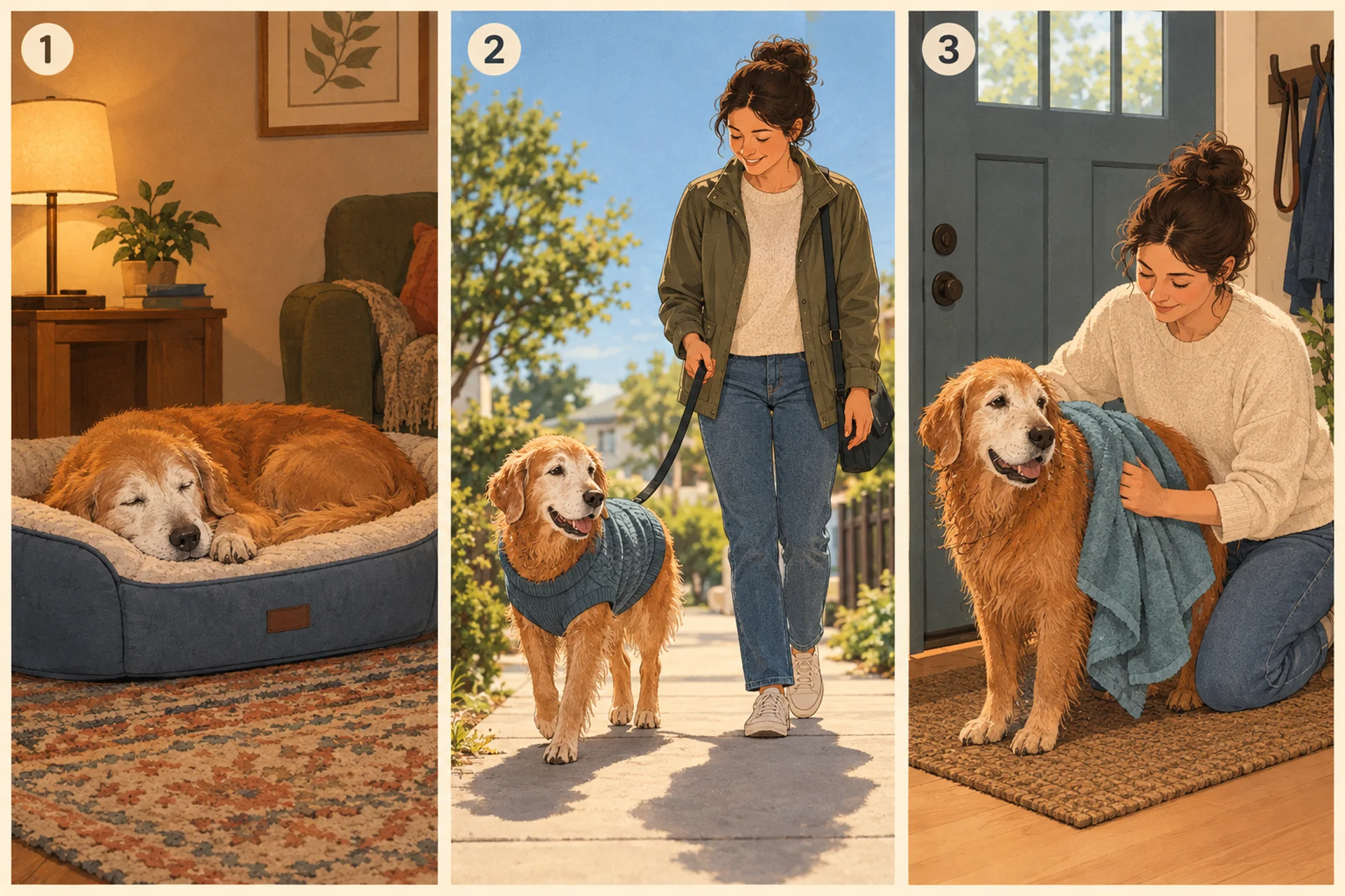 Three-panel flat illustration: in panel one a grey-muzzled senior dog sleeps on a thick padded bed on a rug in a cozy, lamp-lit living room; in panel two the dog wears a fitted sweater on a short walk on a dry, sunny sidewalk; in panel three its owner towel-dries the dog just inside the front door.