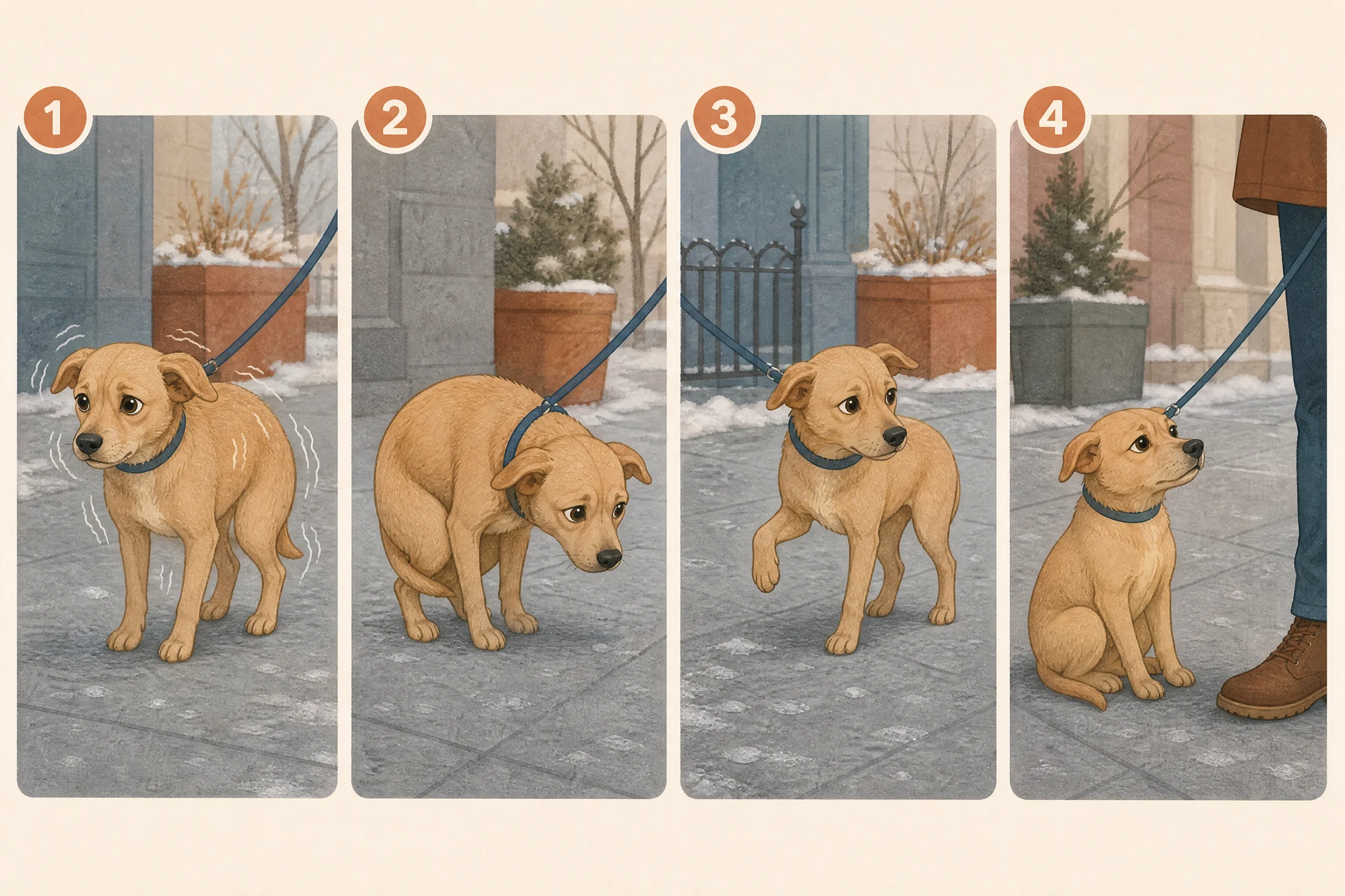 Four-panel illustration, numbered one to four, of a small short-coated tan dog on a cold winter sidewalk showing signs it is too cold: shivering, a hunched back with the tail tucked, one front paw lifted off the ground, and sitting down and not wanting to walk on.