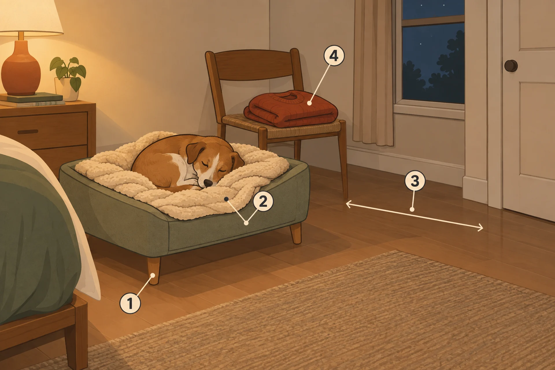Illustration of a small dog sleeping curled in a raised dog bed with a soft blanket in a quiet bedroom corner at night, away from the door and window, with its sweater folded on a nearby chair. Circled numbers one to four point to the bed's legs lifting it off the floor, the blanket, the gap between the bed and the window and door, and the folded sweater on the chair.