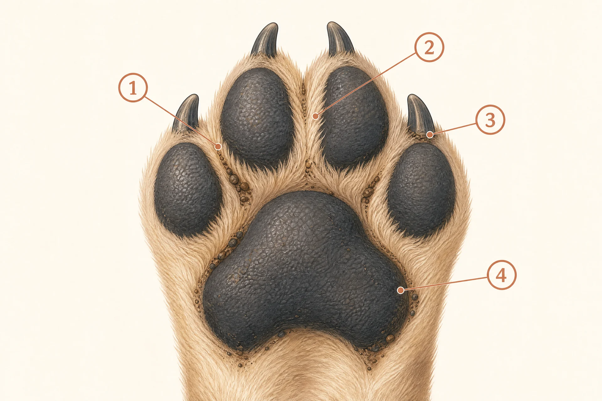Illustration of the underside of a dog's front paw with four numbered pointers: the gaps between the toe pads, the fur between the toes, the base of a nail, and the space around the large central pad, with small specks of mud and grit in each gap.