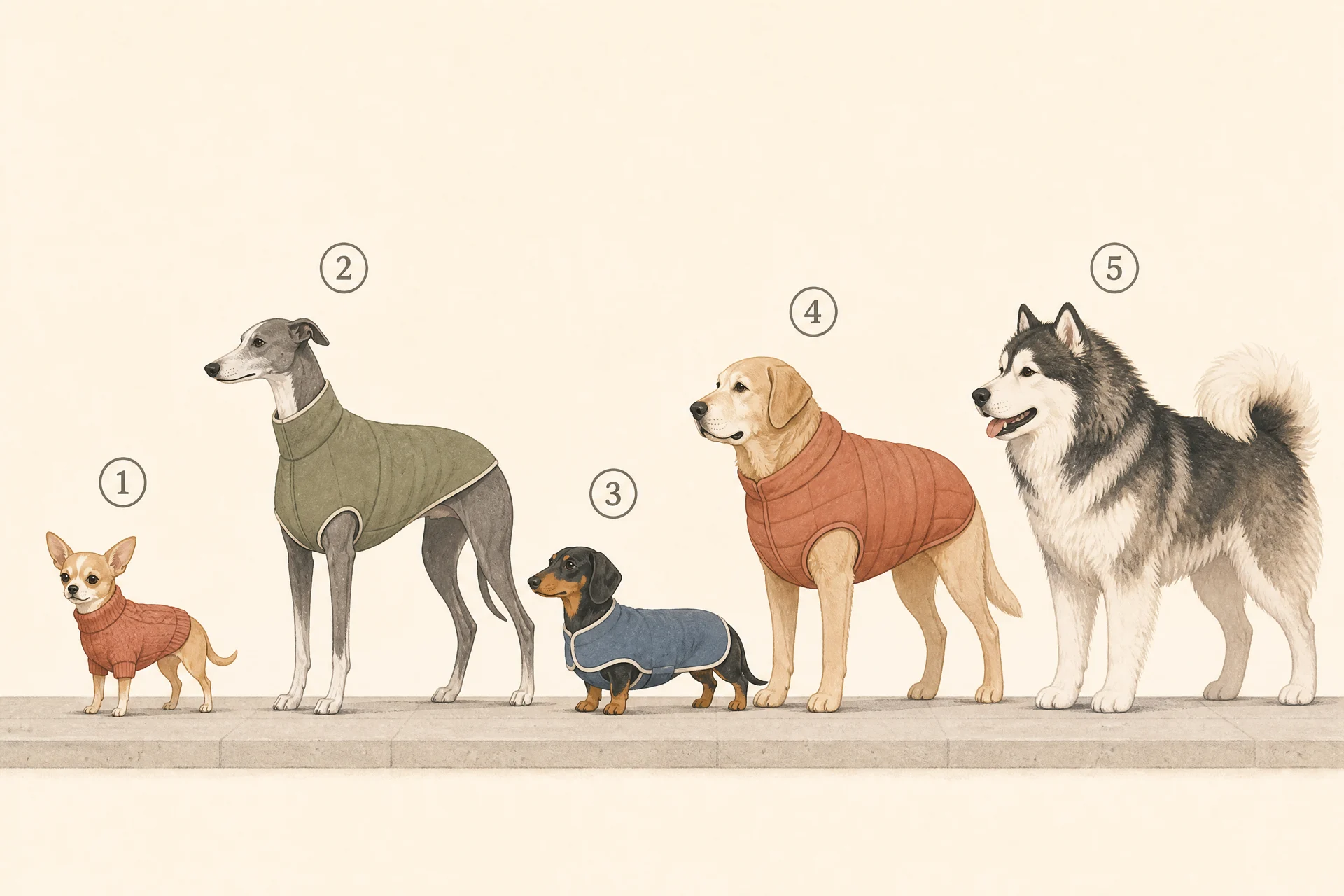 Illustrated lineup of five dogs in profile, numbered one to five: a chihuahua in a knit sweater, a greyhound in a fitted coat, a dachshund in a coat, an older grey-muzzled Labrador in a light padded coat, and an Alaskan Malamute wearing no coat.