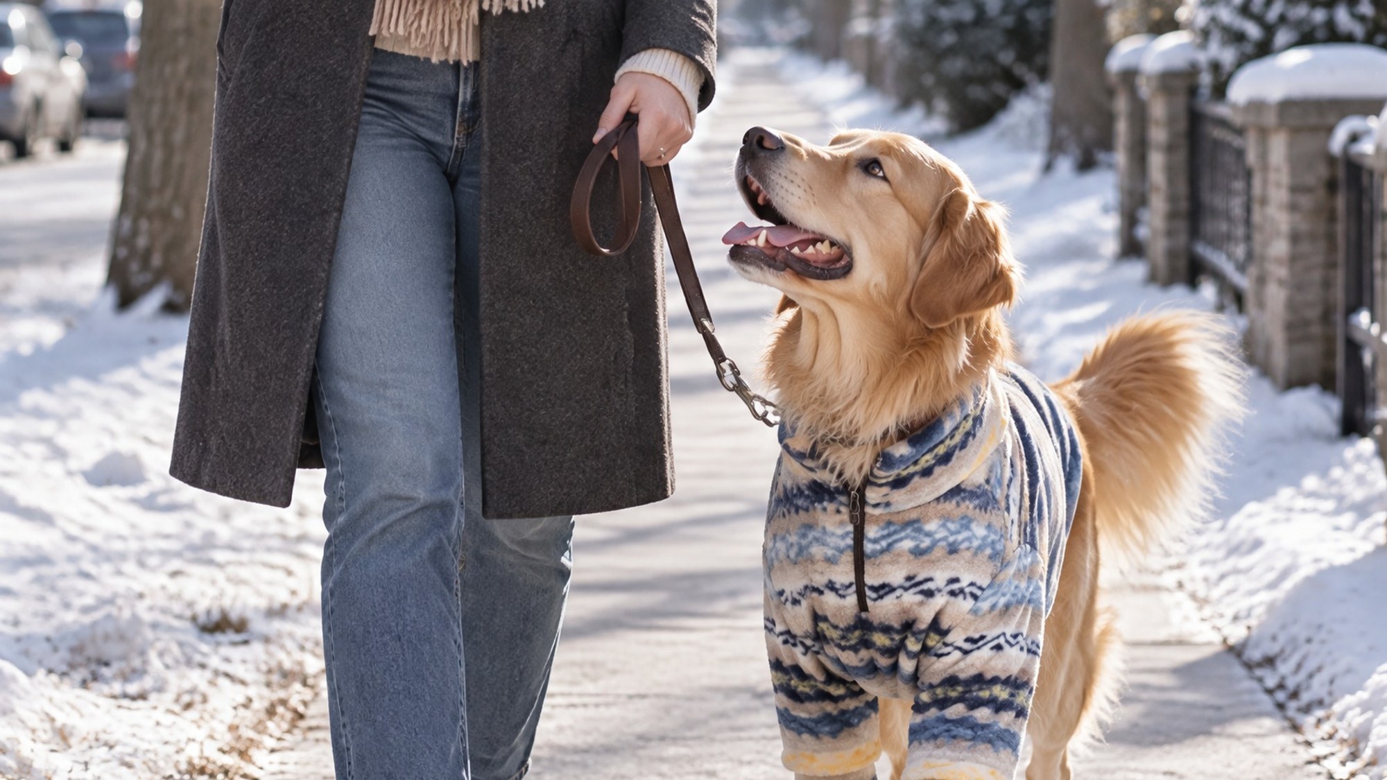A happy golden retriever wears a blue Nordic-pattern fleece pullover on a sunny winter morning.